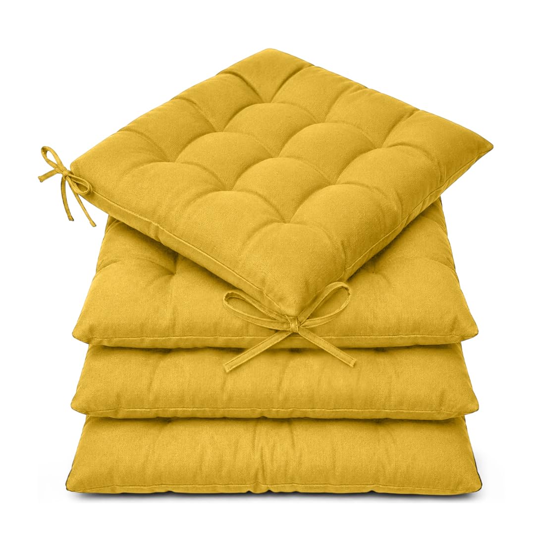 Casabella Pack of 4 Seat Pad for Dining Chair Garden Kitchen Chair Cushion With Tie On_9 Stitch_Yellow Indoor/Outdoor Comfortable chair pads for Kitchen seat pads 9 stitch cushions โ image 1