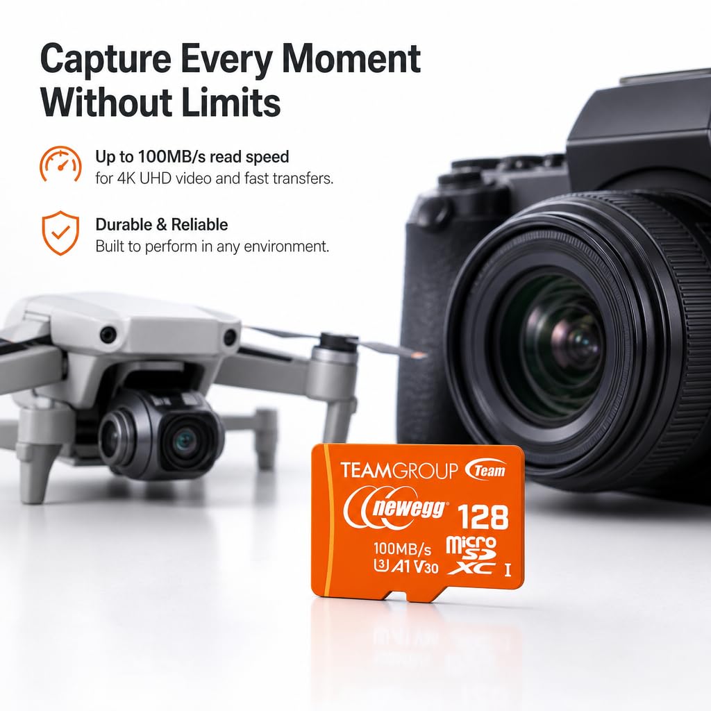 NEWEGG Scheda microSDXC A1, velocità di lettura fino a 100 MB/s, 128 GB per fotocamere, droni e smartphone Android, 4K UHD U3 V30, TUSDX128GIV30A172