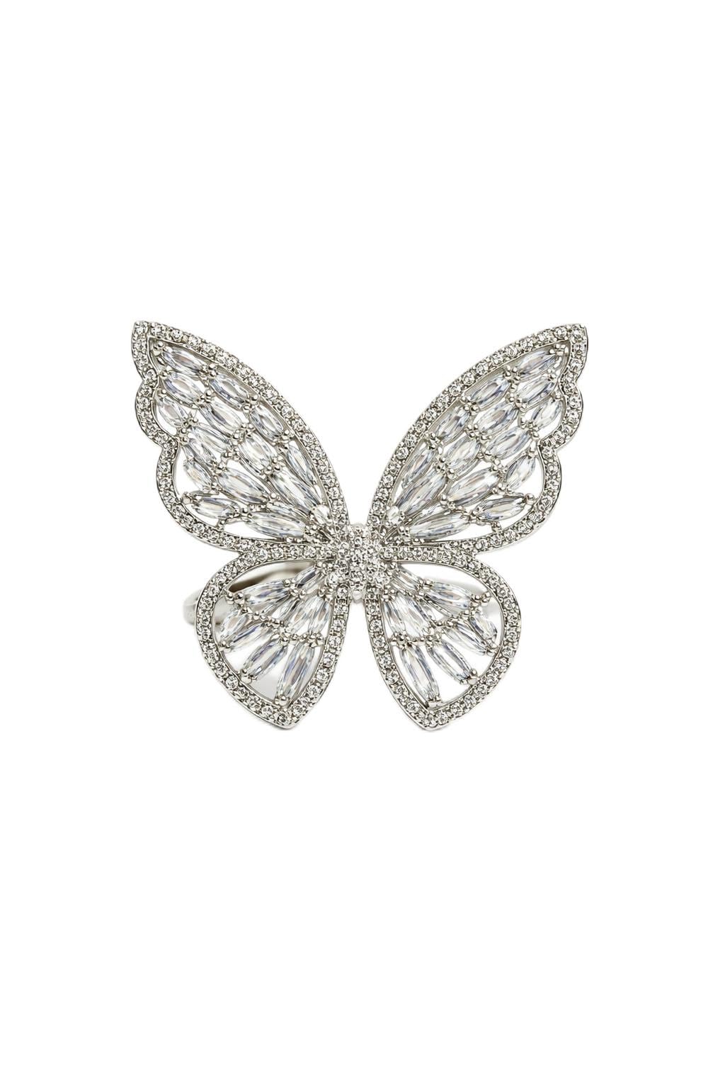 Crystal Butterfly Statement Ring, Silver Tone, Baguette Cut Stones, AD Ring-image-43