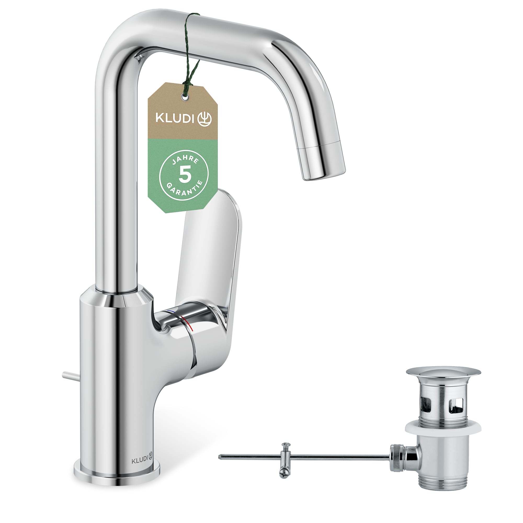 KLUDI-X1 Wasserhahn Bad mit Zugstangen-Ablauf, 360° schwenkbar, Auslaufhöhe 205 mm, wassersparende Waschtischarmatur Größe L, Mischbatterie Waschbecken inkl. Anschlussschläuche in Chrom