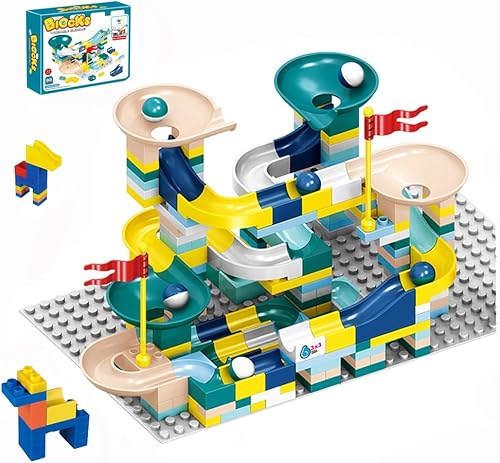 AKANYA Juego de 88 piezas de bloques de construcción de pista de carreras para niños Marble Run STEM Montessori, juego de ladrillos de montaña rusa