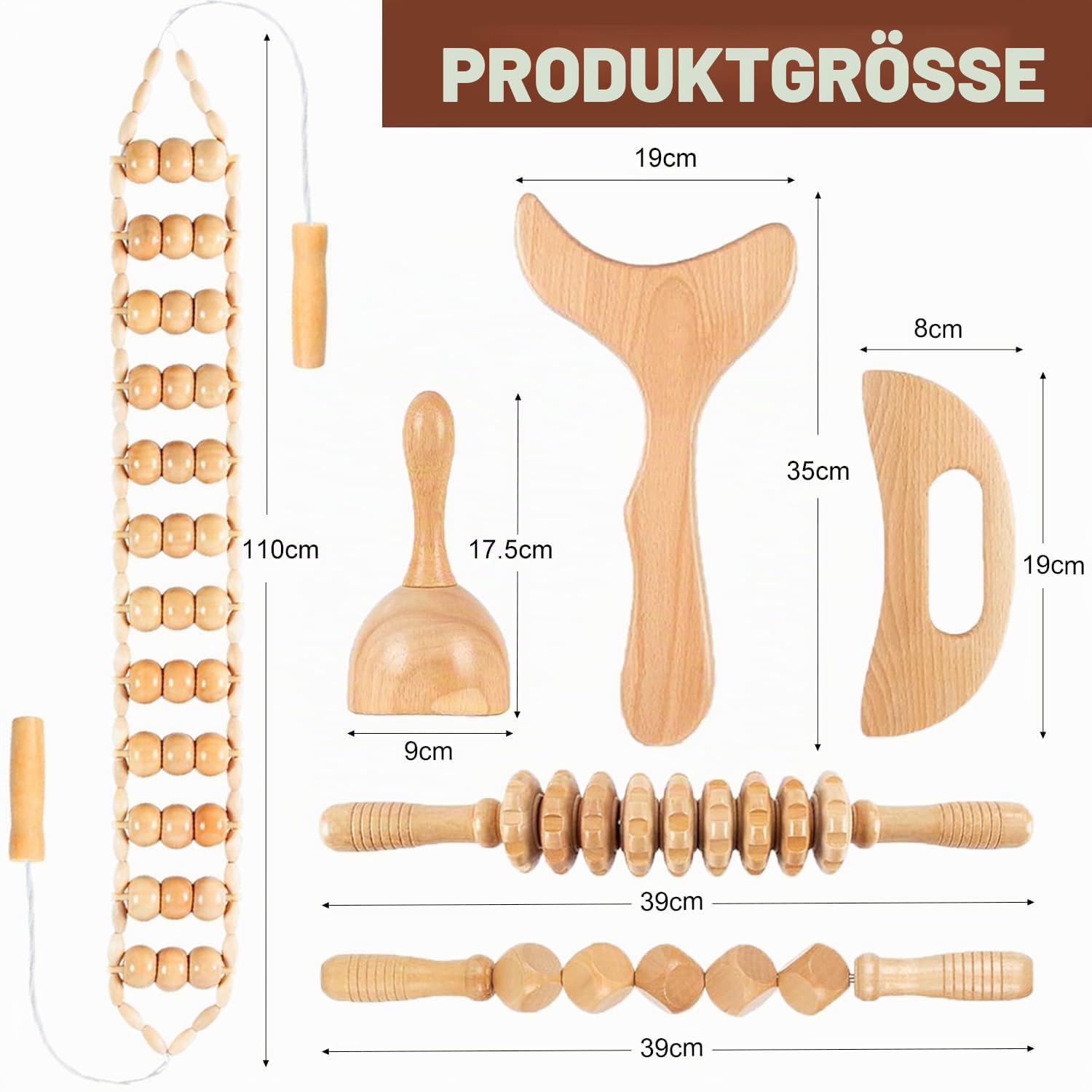 6 Stück Massageroller Holz, Faszienrolle Holz, Anti Cellulite Massage, Faszienstab, Hölzernes Gua Sha-Brett, Massage Set für Körperformung, Lymphdrainage, Muskelschmerzlinderung, Anti Cellulite