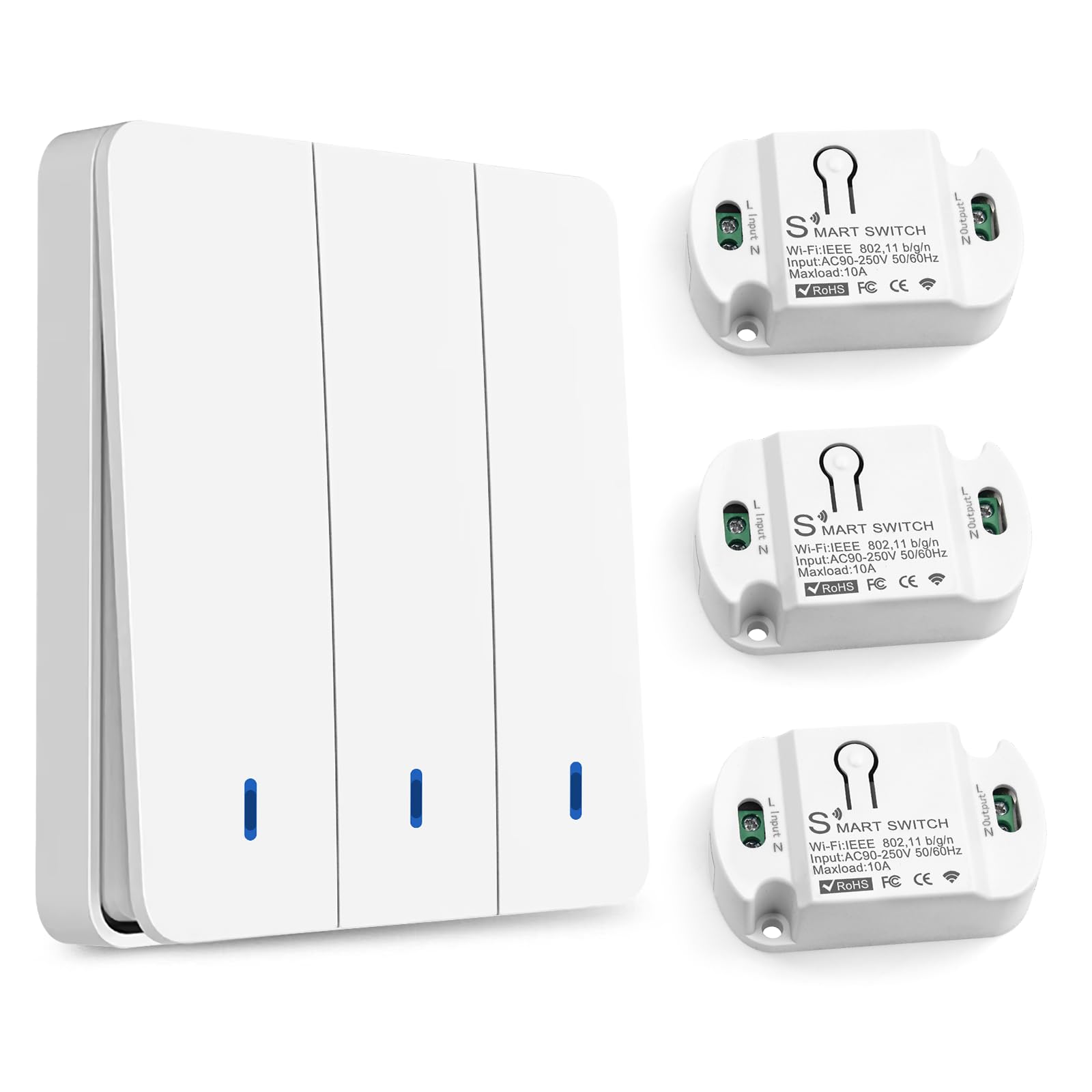 Interruttore Senza Fili, Interruttore luce Senza Fili, Interruttore Wireless, Interruttore wifi Smart Life, Interruttore Sicurezza Trasmettitore RF 433Mhz e 3 Controller Ricevitore 10A, Portata 100 m