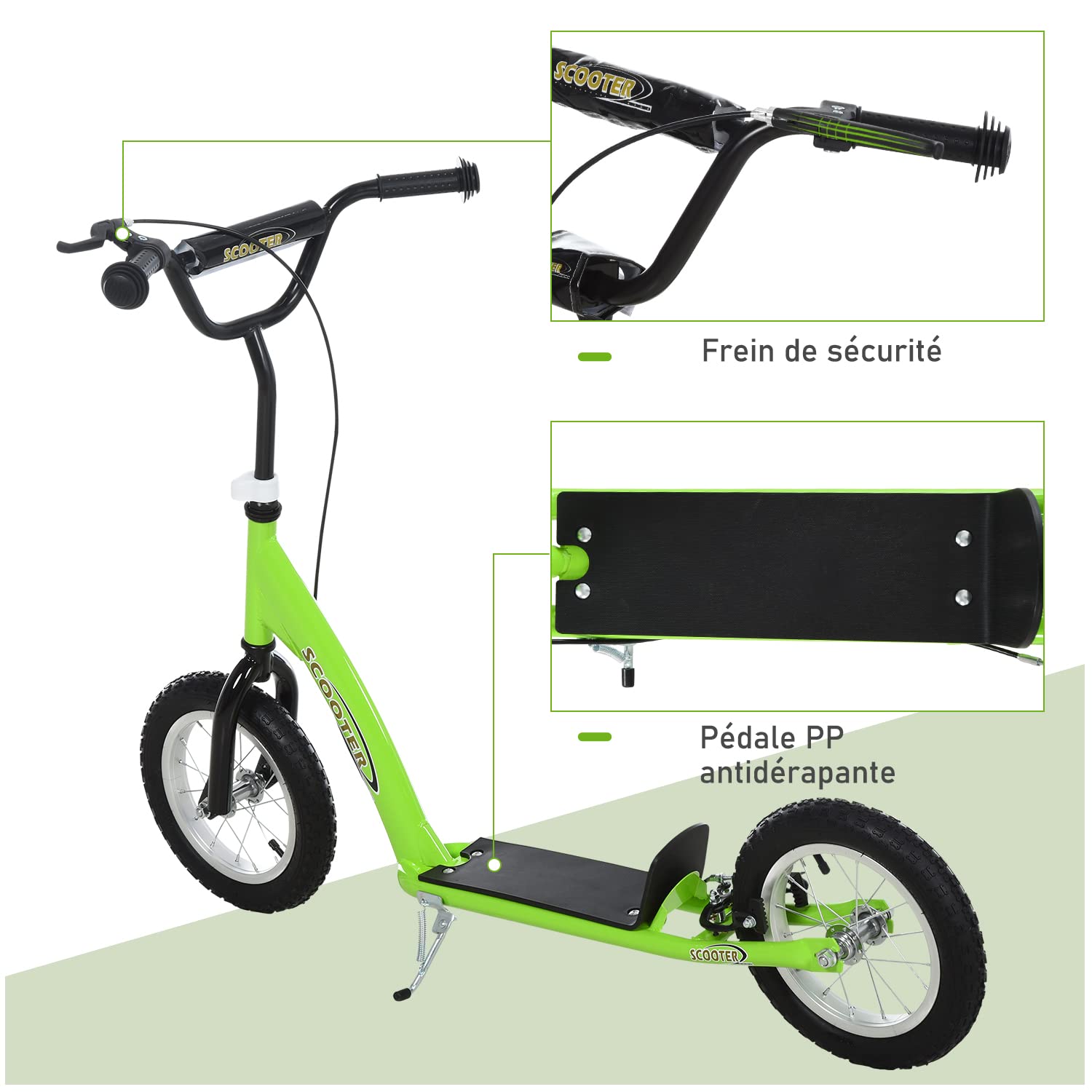 HOMCOM Trottinette patinette Enfants à partir de 5 Ans Grandes Roues Vert | Guidon Réglable, Poignée, Frein et Béquille, Acier