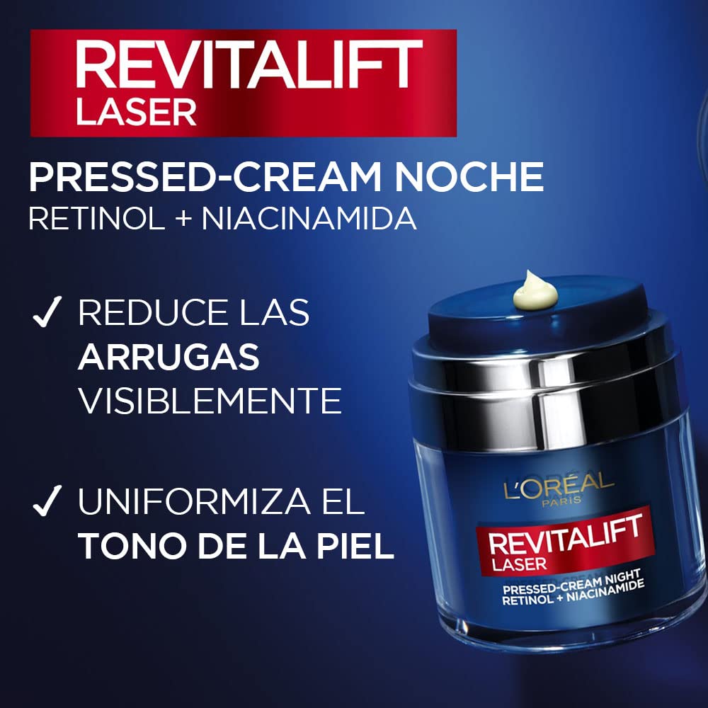 L'Oreal Paris Dermo Expertise Revitalift Laser Pressed Crema de Noche Con Retinol Y Niacinamida, 50 ml (Paquete de 1)