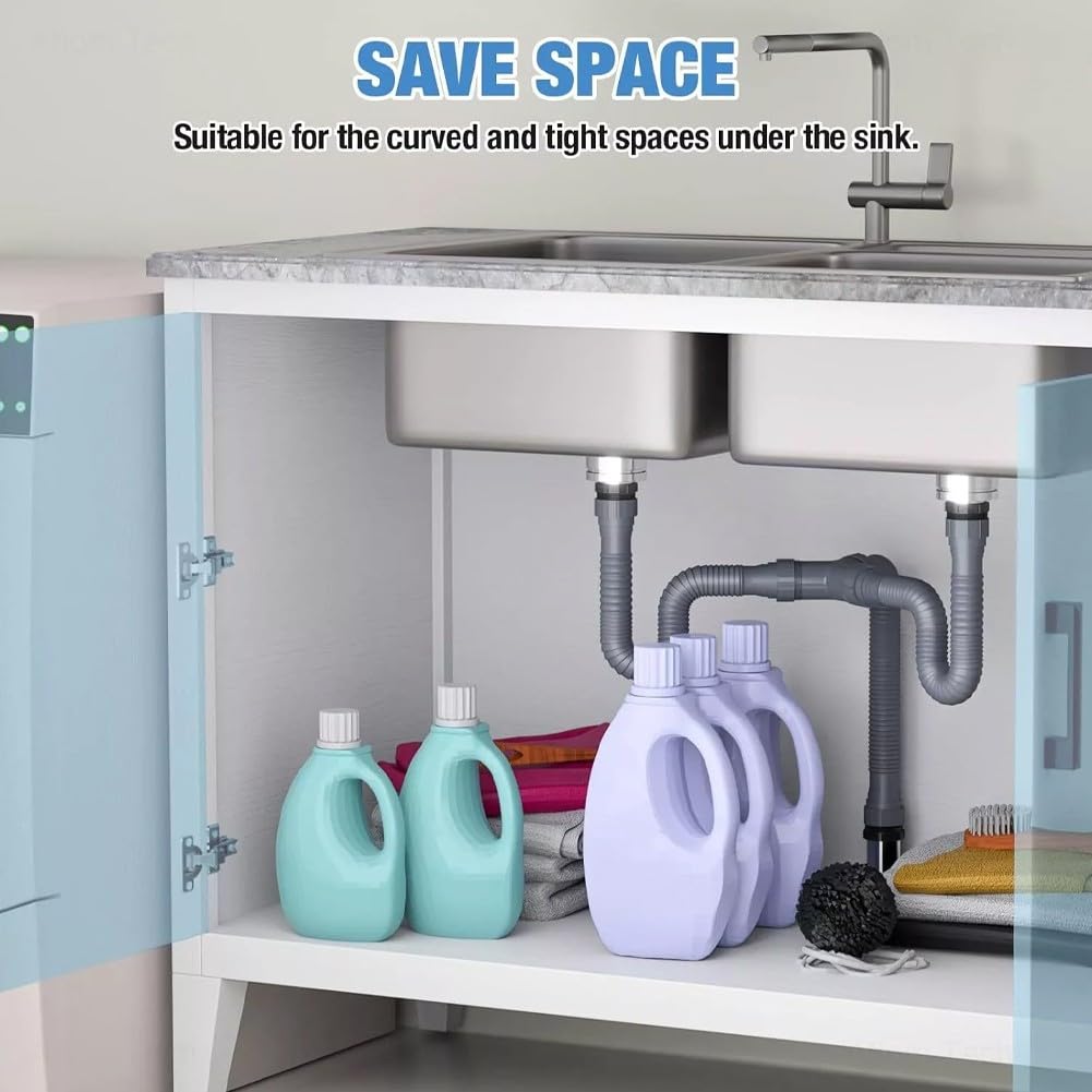Kit di scarico doppio per lavello regolabile con sifone a P, tubo flessibile in plastica da 20-80 cm, lavello da 1-1/2 e 1-1/4", grigio