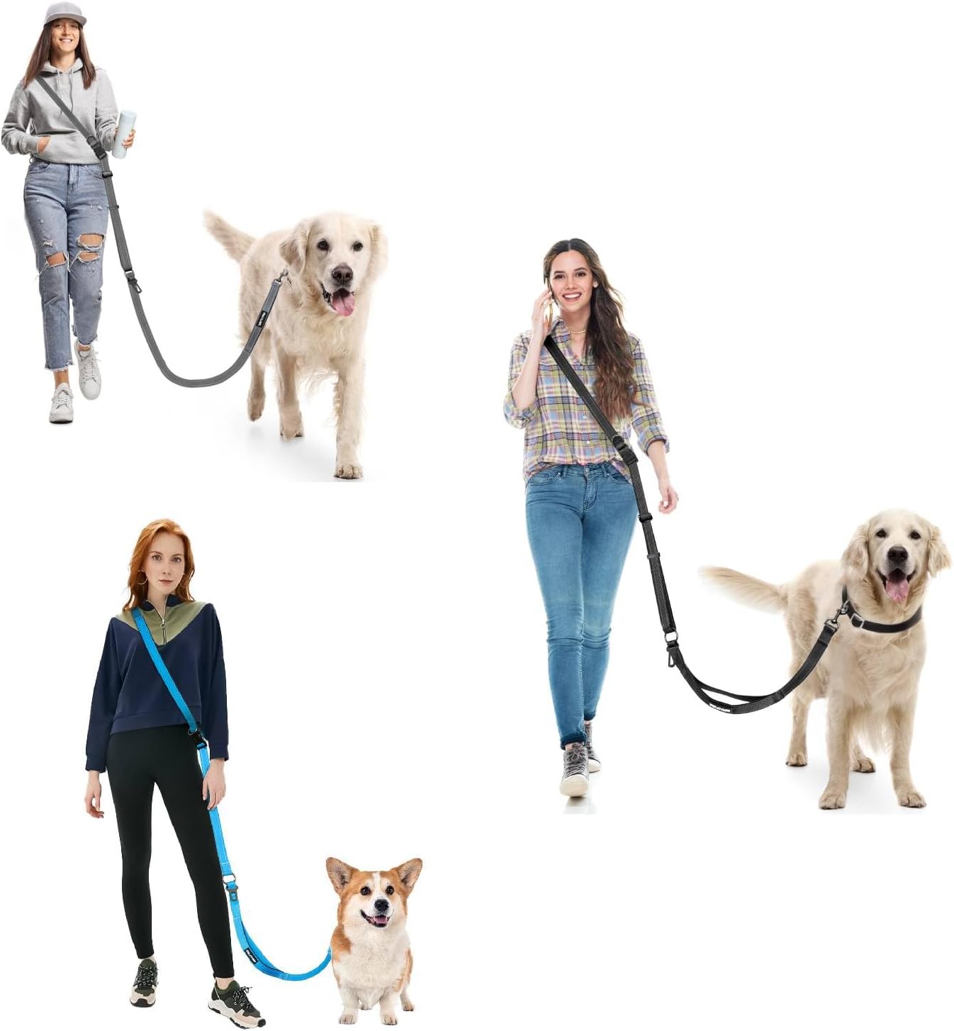 Hands Free Dog Leash, Multifunctional Crossbody Dog Leash, Long Waist Belt with Car Seatbelt and Double-Sided Reflective Stitches for Medium and Large Dogs Walking, Jogging