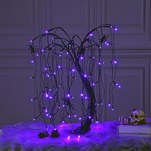 LIGHTSHARE 24-inch Halloween Willow Tree LED Spooky Bonsai Night Light,80 LED Lights, Battery Powered or DC Adapter(Included) (Purple)