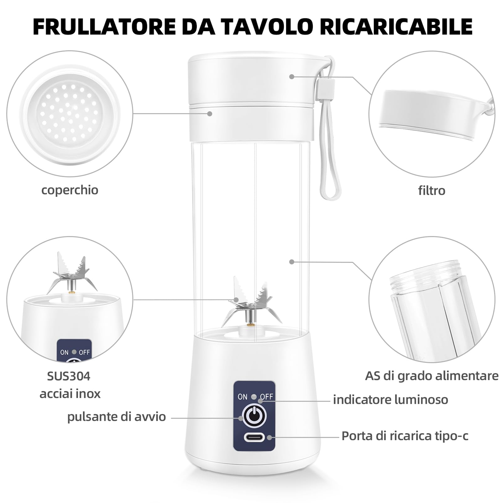 Frullatore Portatile USB - 380 Ml, 6 Lame In Acciaio Inox, Ricaricabile, Per Frullati, Succhi E Bevande In Viaggio - Foto 7