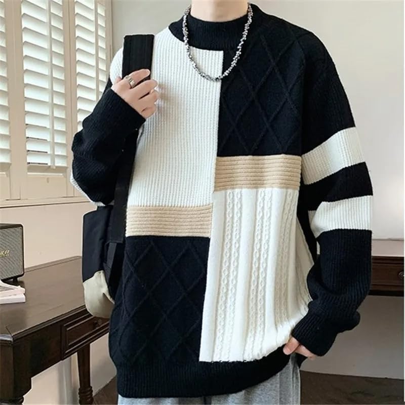 Autumn Winter Men's Knit Sweater Patchwork Loose Casual Pullovers Men O-Neck Knitted Streetwear Tops3