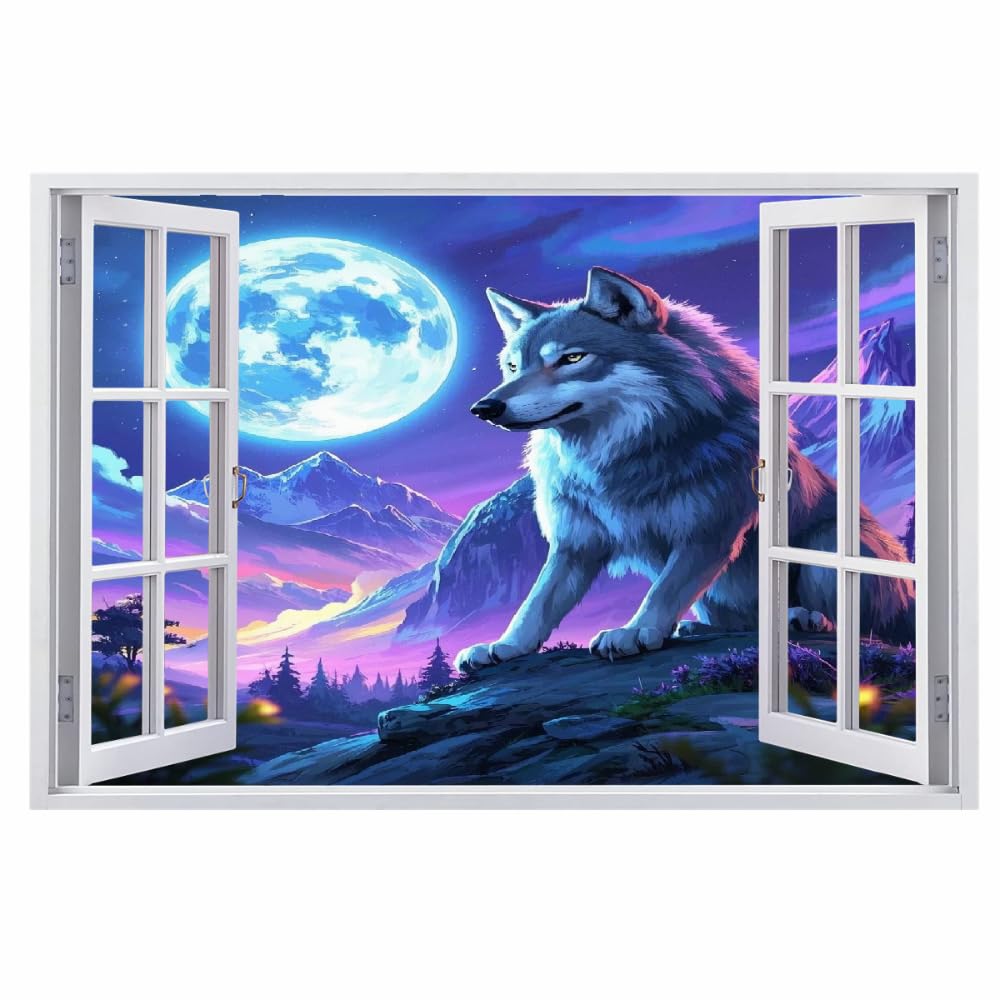 Wandtattoo Aufkleber Wandbild Wolfsmond Mauerloch 3D Durchbruch Effekt Wandsticker Nachtlandschaft Wandaufkleber Wanddeko fürs Wohnung Wohnzimmer Schlafzimmer Bad Kinderzimmer Tapeten Deko
