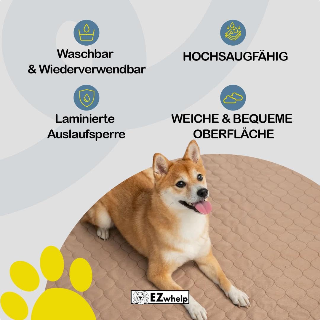 EZwhelp Wiederverwendbare Inkontinenzunterlage Waschbar für Hunde | Wasserfeste PIPI Matten für Hunde | Welpen Zubehör | Hundebett | Trikot-Rückseite | Hundezubehör | 119x119 cm