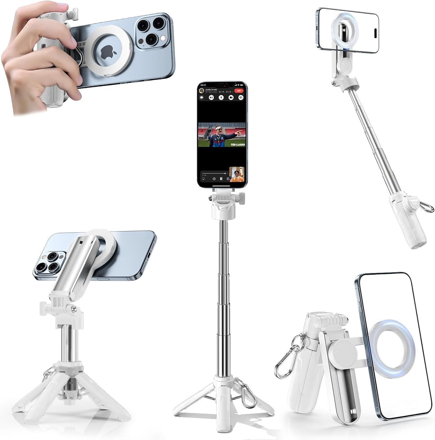 CloudValley Treppiede magnetico 4 in 1 multifunzione per selfie, mini supporto portatile tascabile per telefono con telecomando staccabile, compatibile con MagSafe, per iPhone/Android, Travel Vlog