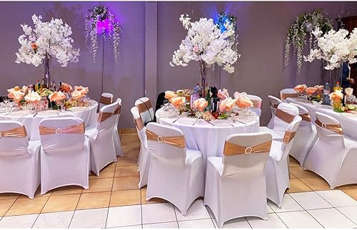 Vista 2 de Paquete de 100 bandas de elastano para sillas de boda de oro rosa con hebillas, lazos para sillas de oro rosa, lazos para fiestas, cumpleaños