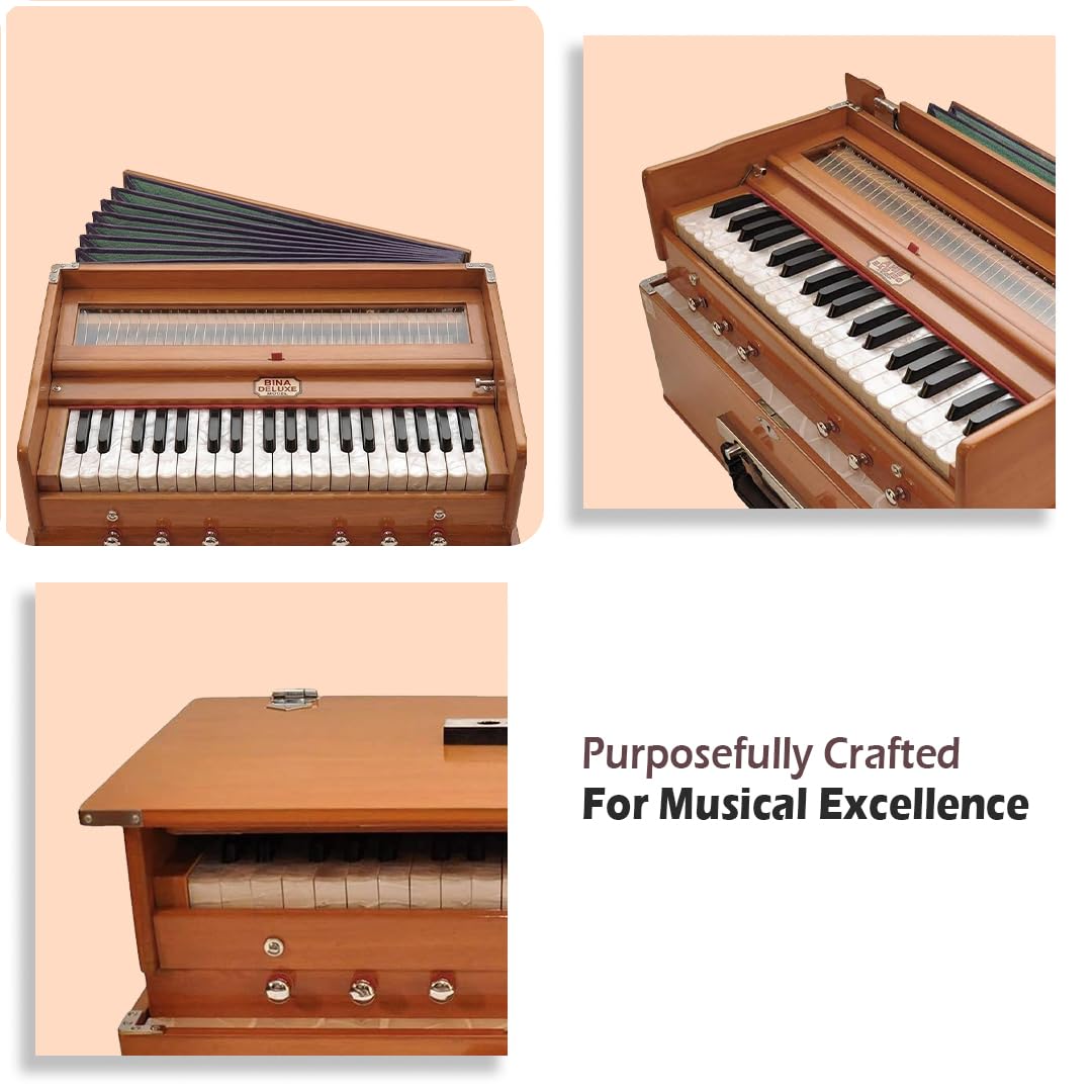 Tragbares Harmonium BINA 23B Faltbarer Safari 3 1/4 Oktaven 6 Stops klassische Holzfarbe, Kupplung, Nylontasche, indisches Musikinstrument, Kirtan 440 Hz
