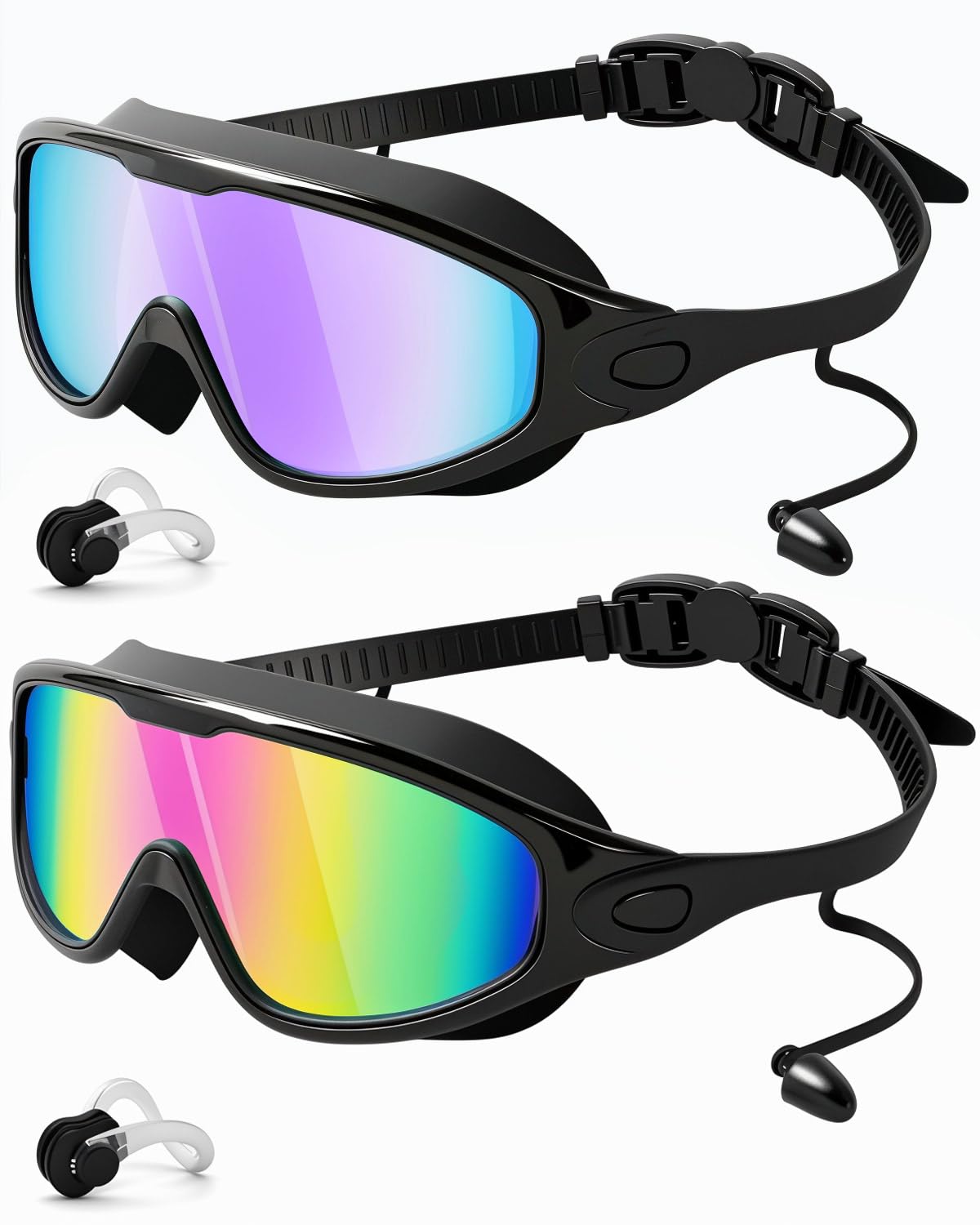 Lorrtta Wide Vision Swimming Goggles 2 Pack Anti-Fog Googles Swimming Adults, Anti-Leak UV Protection Clear Vision with Nose Clips & Earplus black blue & black purple