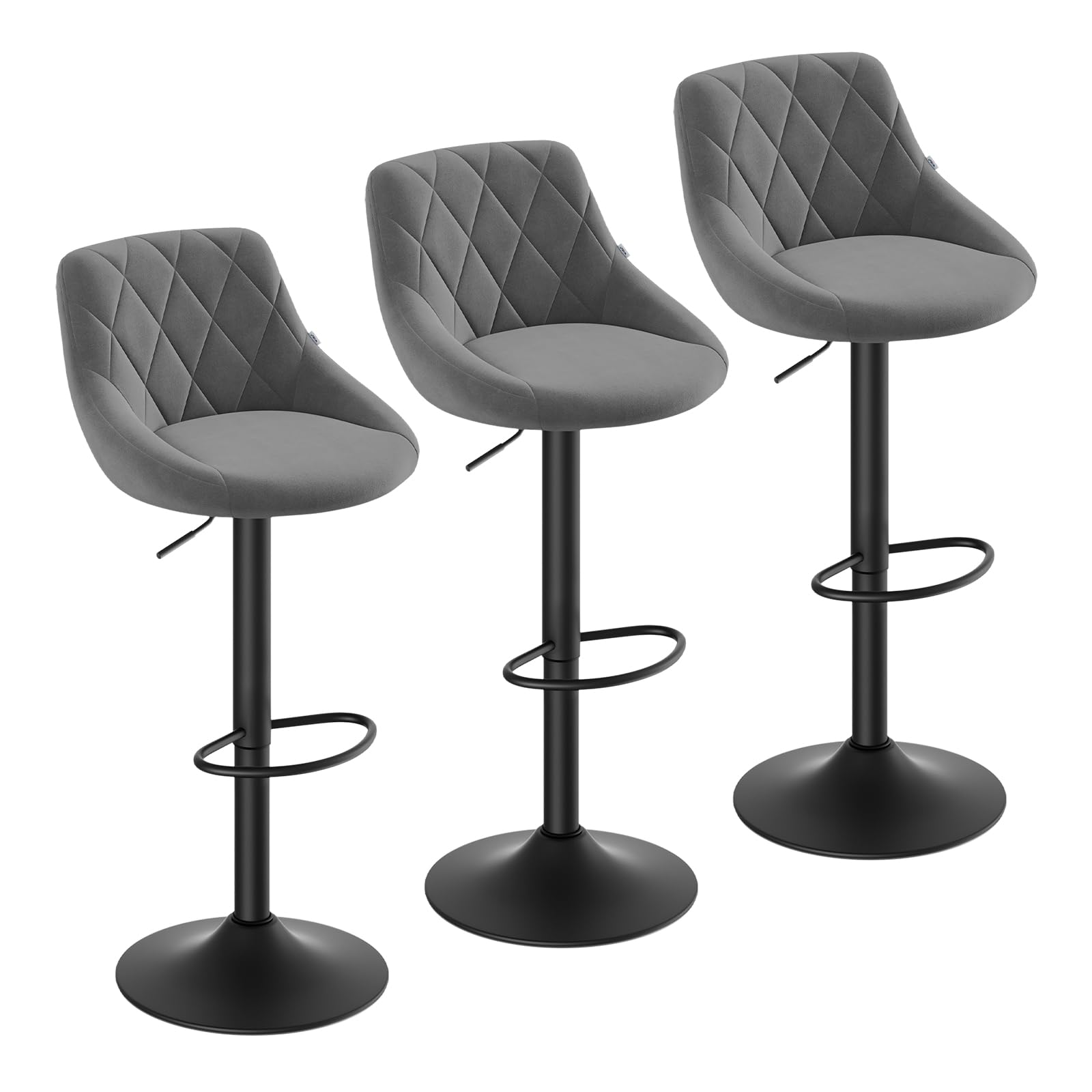 WOLTU Bar Stools Set of 3, Swivel Breakfast Barstools, Velvet, Dark Grey