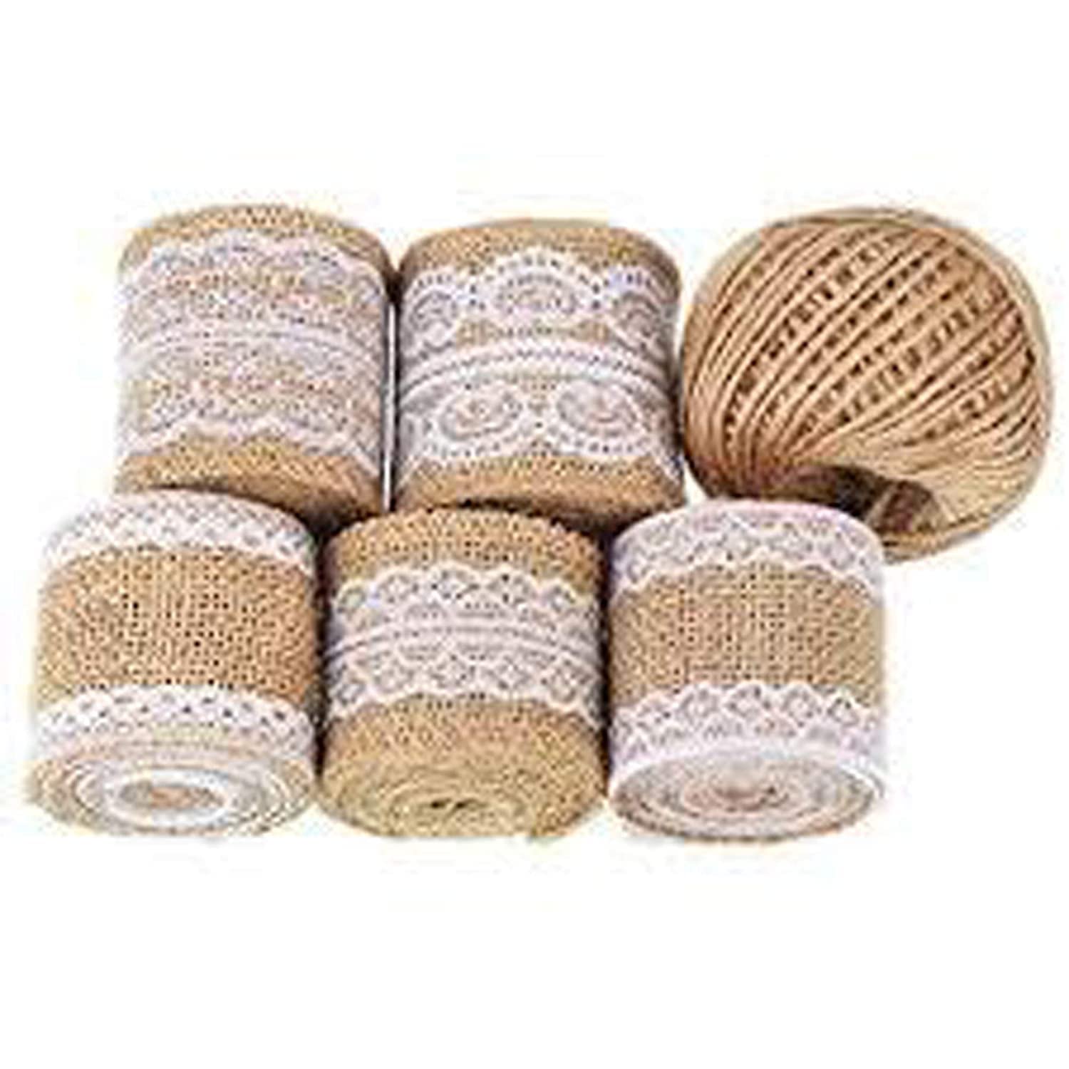 Asian Hobby Crafts Natural Jute Burlap Ribbon 5 cm x 2 Meter Pack of 5 Rolls with White lace and Jute Twine 120 Meter for DIY Projects, Party Decor, Gift-Wrapping, Scrapbooking