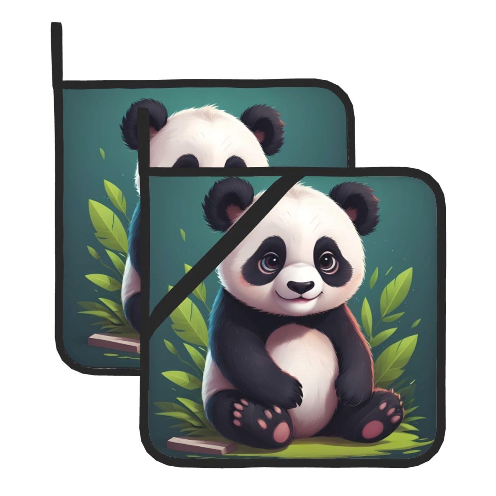 HJFCZH Cute Panda Printed Square Insulated Pot Mat Set (2-Piece) 8x8in Waterproof, Thickened & Easy to Clean with Lanyard Design for Kitchen, Oven & BBQ