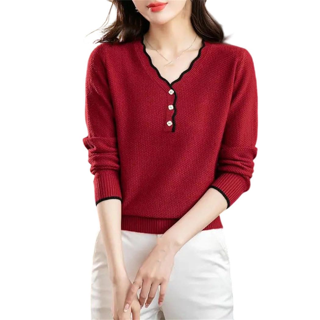 Women Slim V Neck Knit Sweater Long Sleeve Lightweight Pullover Casual Top Winter Mothers Wear