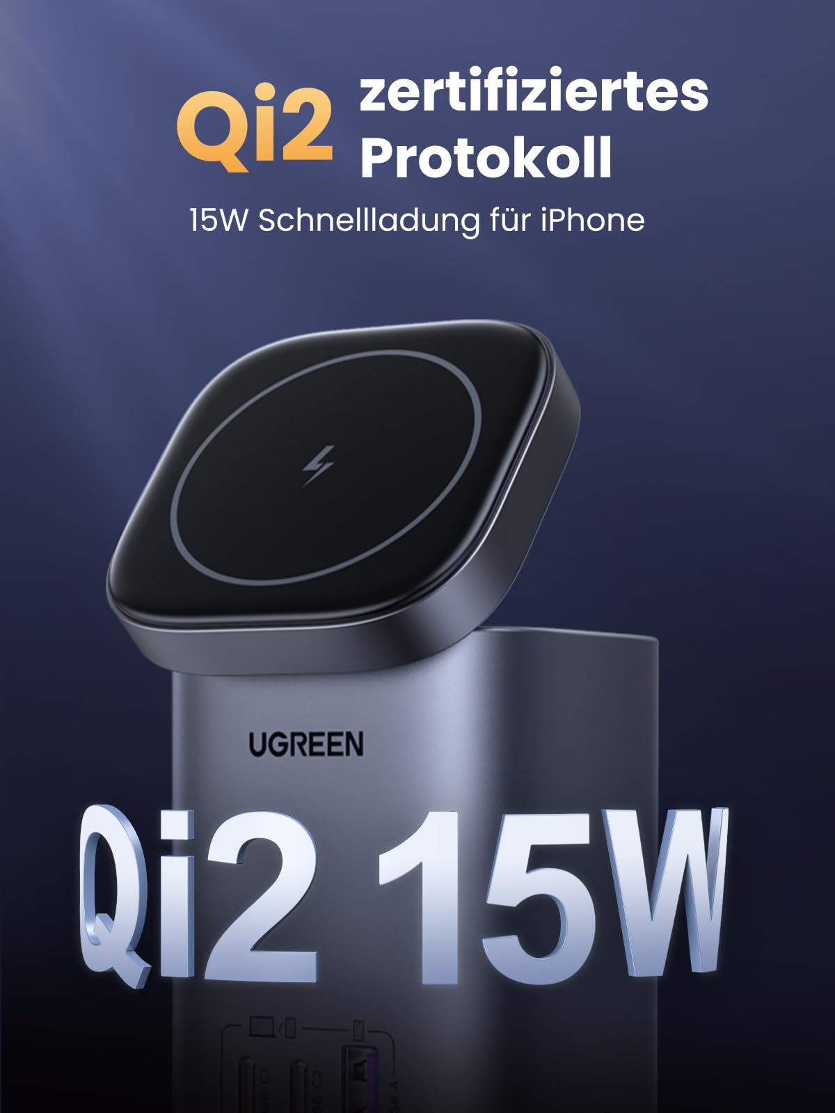 UGREEN Nexode 100W USB C Ladegerät, mit Qi2 15W Magnetisches Ladepad | GaN Netzteil, 4-IN-1 Ladestation, kabelloser Ladeständer für iPhone 12-17 Serien, kompatibel mit MacBook Pro/Air, AirPods