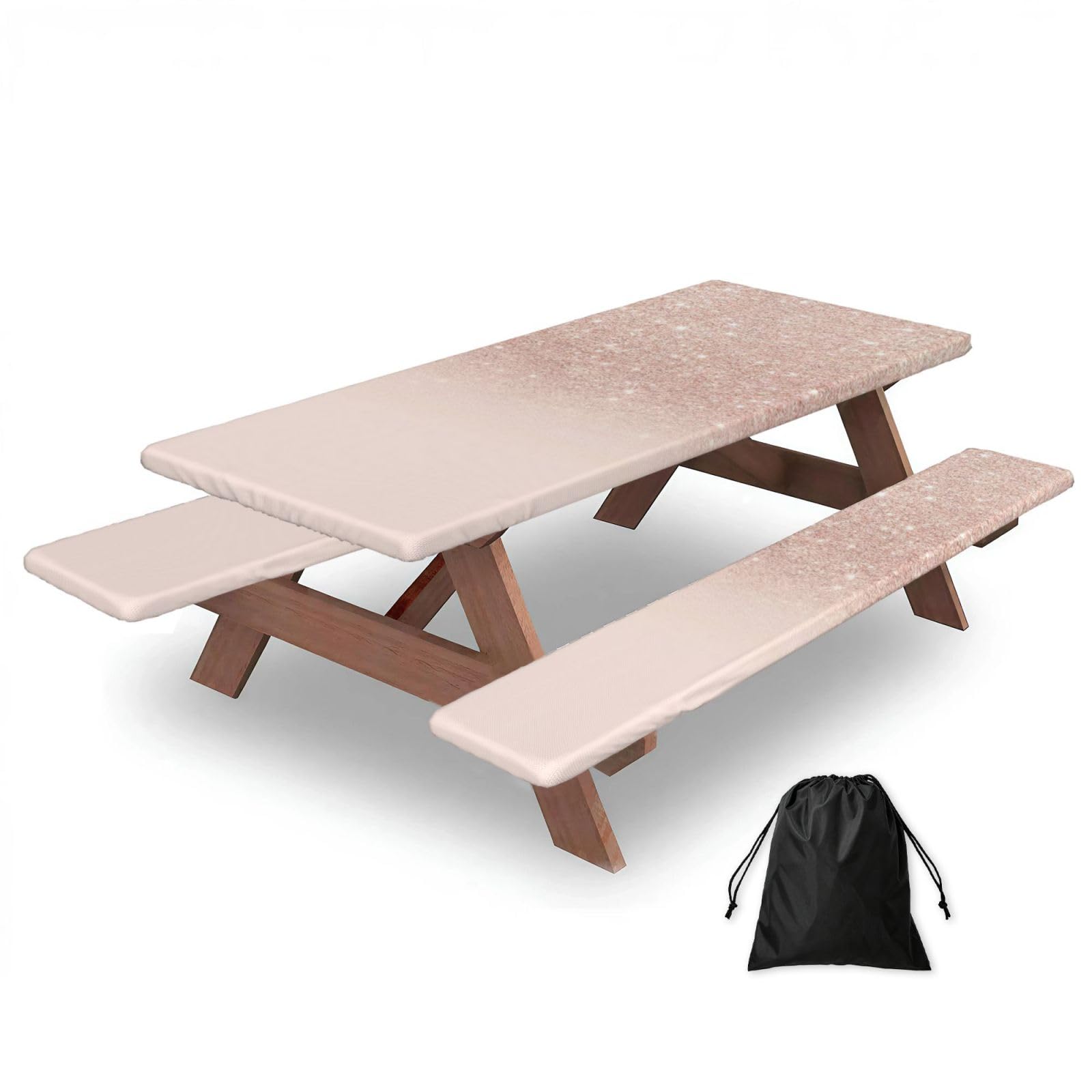 Duwaa Black Rose Gold Wallpaper Print 183Cm Picnic Table Cover With Bench Covers, Waterproof Elastic Tablecloth Set For Outdoor