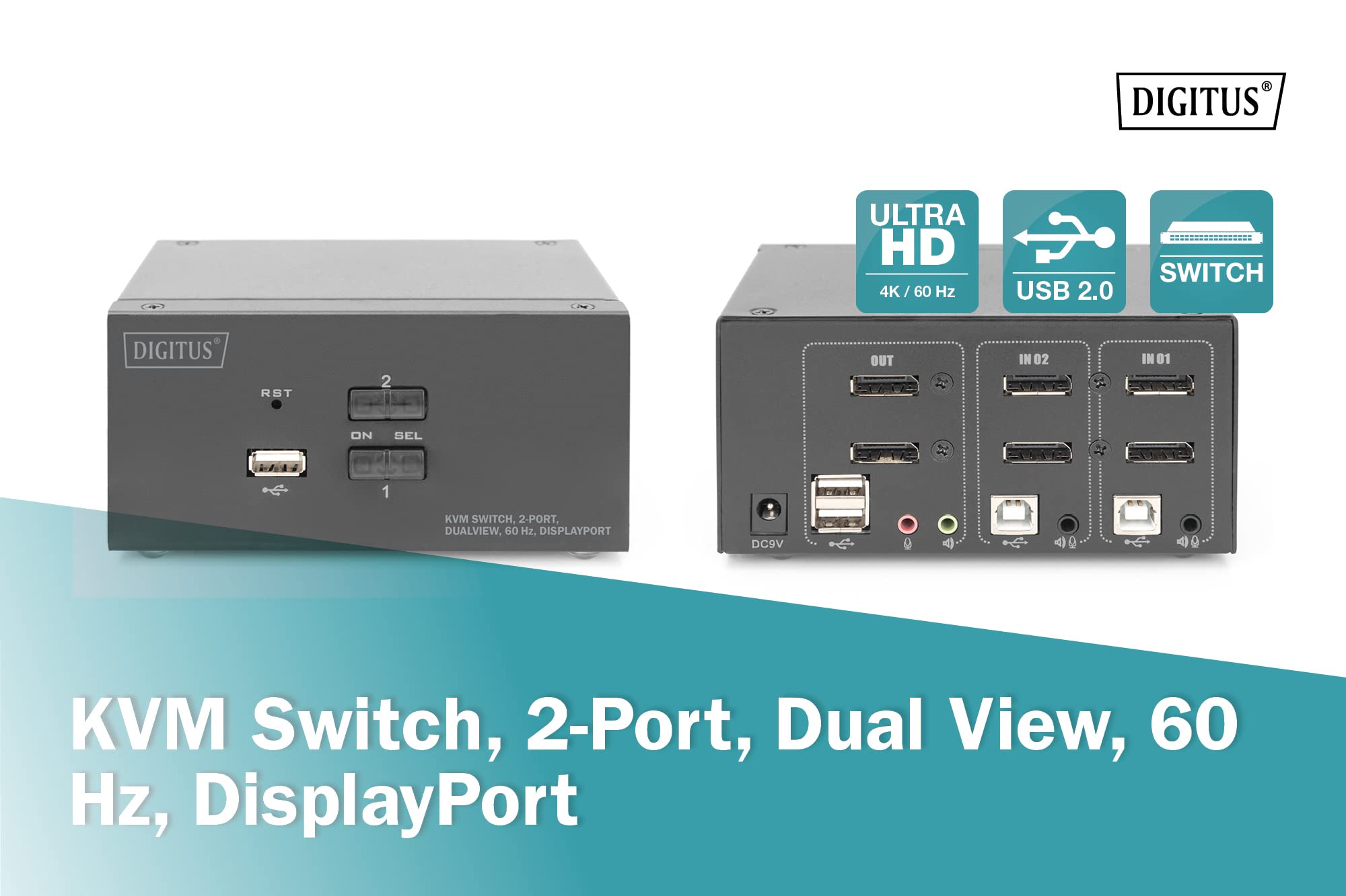 DIGITUS KVM Switch DisplayPort – Doppio display a 2 porte – 2 PC 2 monitor – 1x mouse, tastiera e audio per 2 computer – UHD 4K@60Hz (3840 x 2160p) – Hot-Key KVM Switch – 1x Hub USB 2.0 – Nero