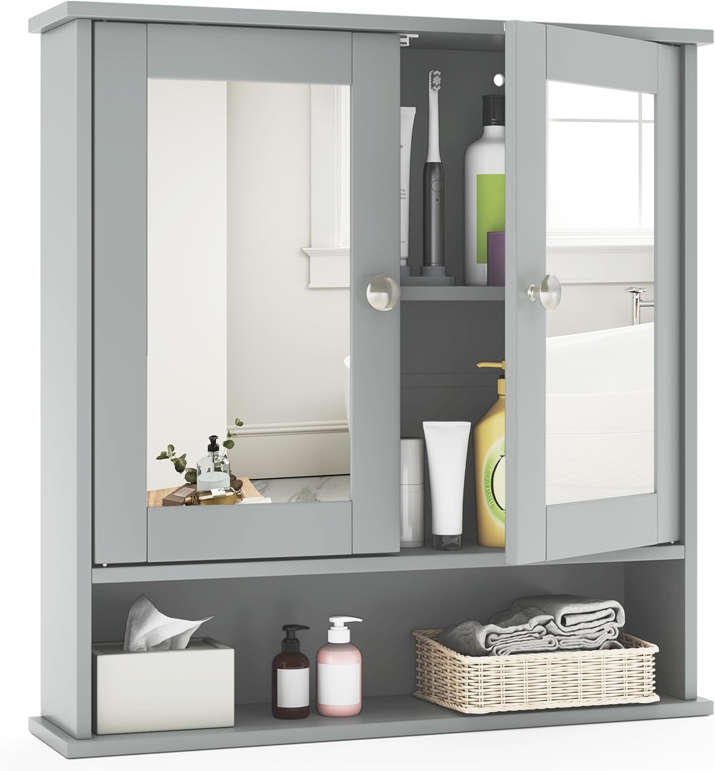 COSTWAY Bathroom Mirror Cabinet, Double Door Wall Mounted Storage Cupboard with Adjustable Shelf and Compartment, Home Kitchen Living Room Display Organiser Unit (Gray)