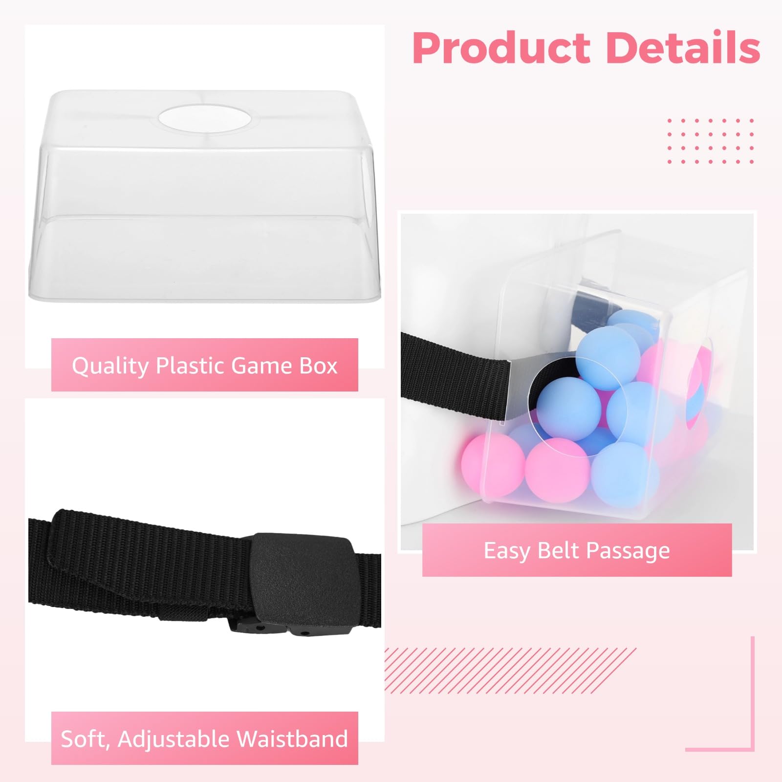 Juego de 6 juegos de pelota de rebote, desafío de rebote de cadera agitada, cajas transparentes, cinturones ajustables, 100 bolas rosas y azules, juego de fiesta interactivo para despedida de