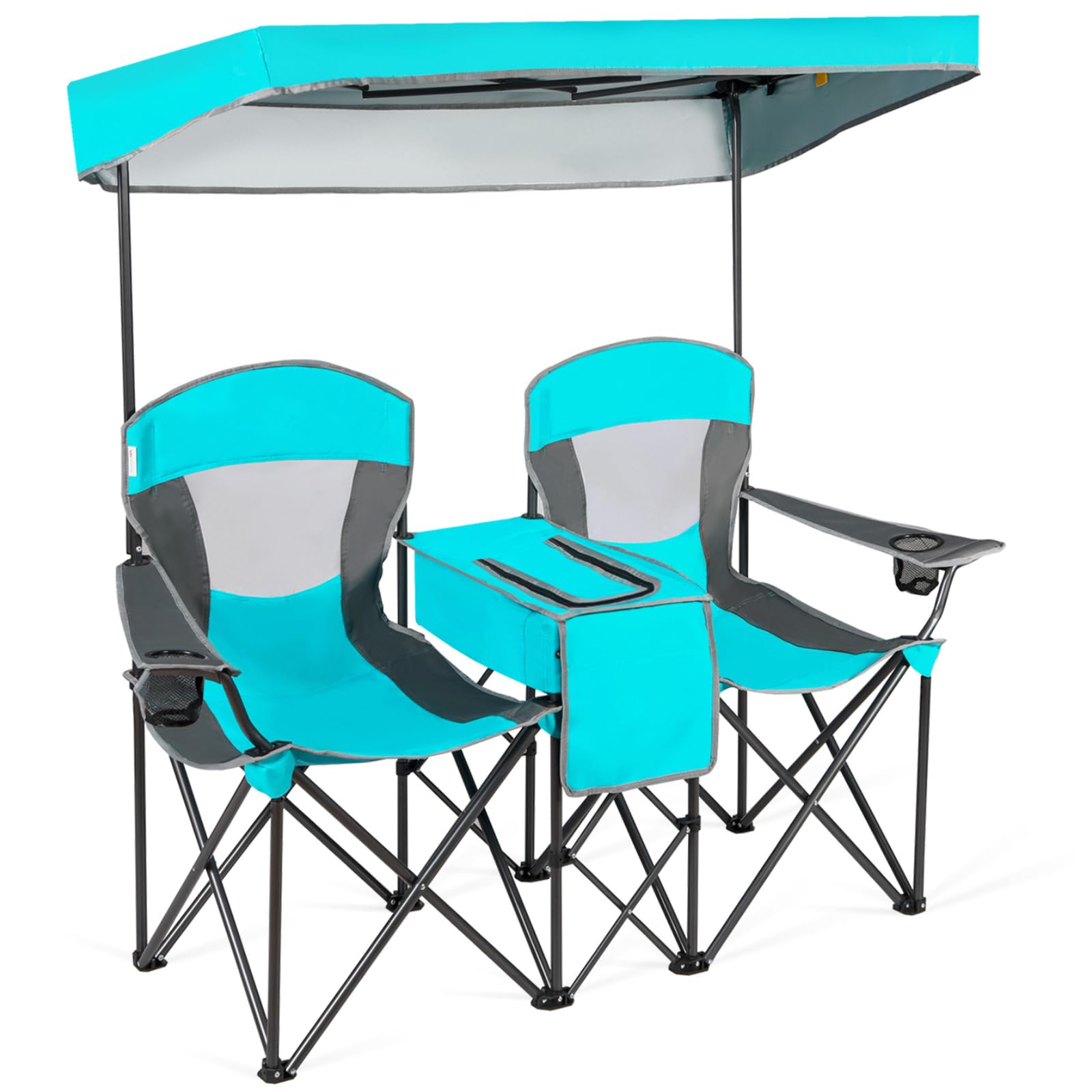 TANGZON Double Camping Chair, Outdoor Folding Loveseat with Shade Canopy, Cup Holder, Cooler Bag, Side Pocket & Carrying Bag, Portable Picnic Chair for Patio BBQ Fishing (No Roll-up Shade, Turquoise)