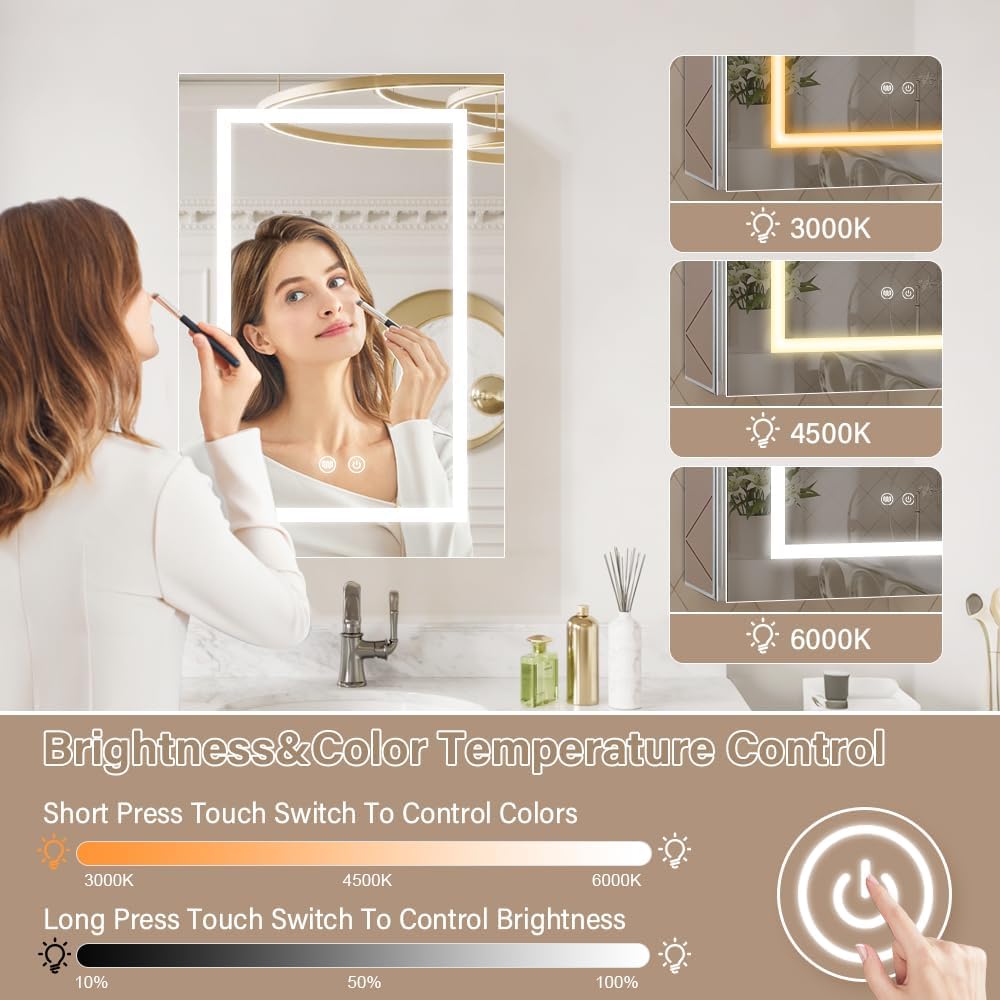 LED Medicine Cabinet,Bathroom Mirror Cabinet with Lights,16×24inch,Equip with Internal Light,Aluminum Construction,USB Shaver Socket,3 Color,Dimmer,Demister,Surface Mounted and Recess Mounted image 5
