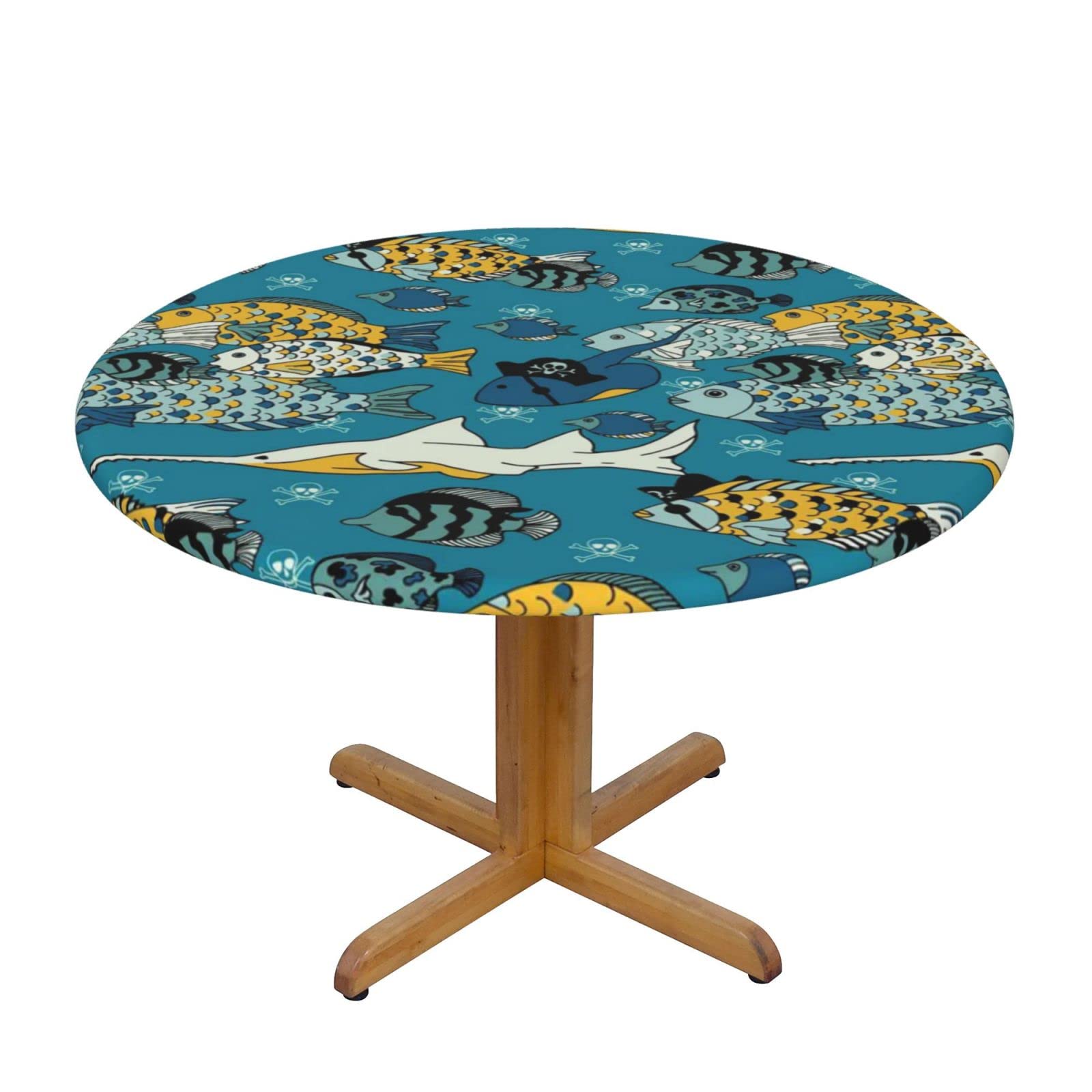 Lsjuee Round Fitted Tablecloth 45-50in Elastic Edged Table Cloth for Kitchen Dining Party Home Decor - Ocean Animal Fish Sea Pirate Blue