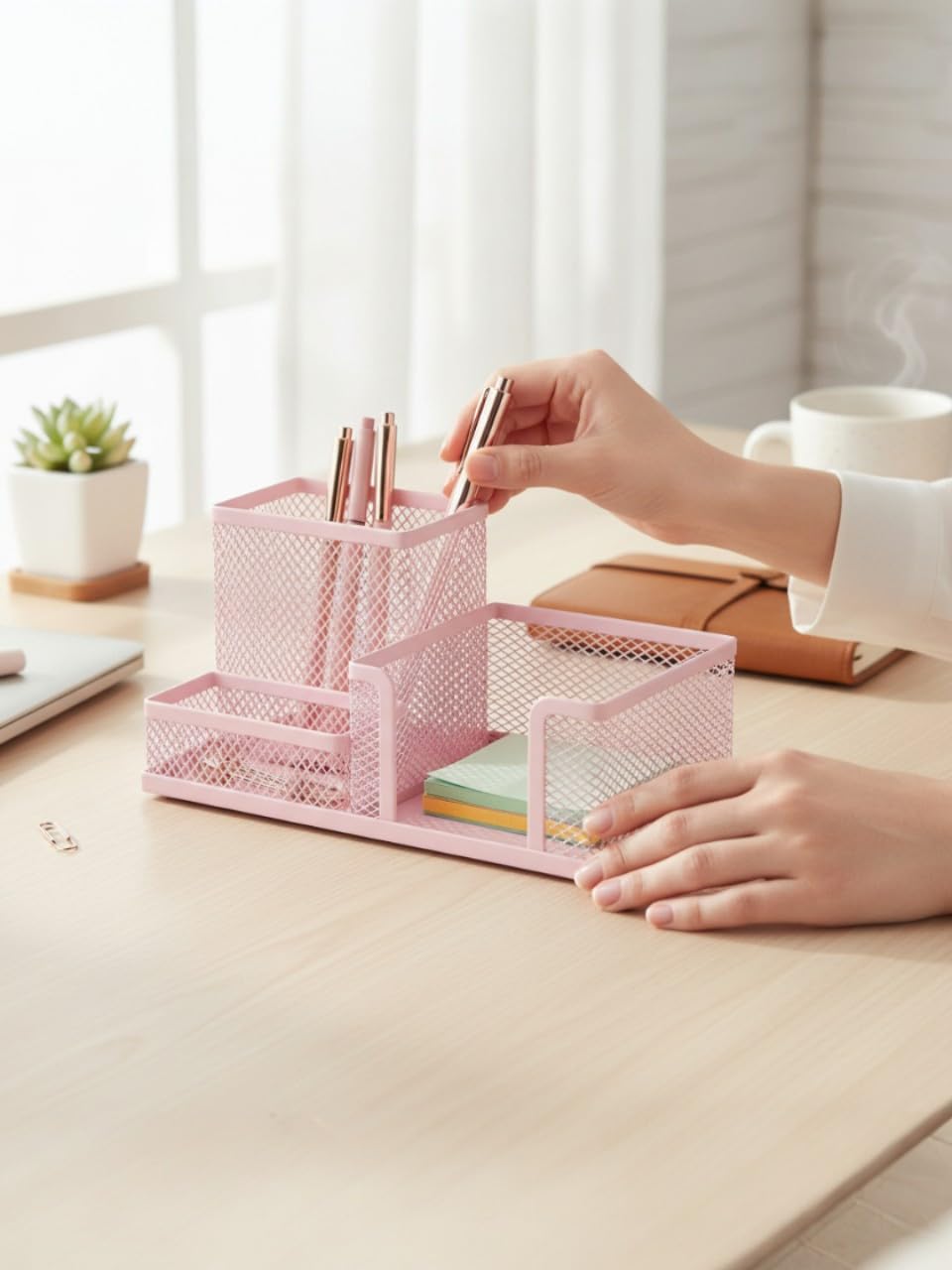 Metal Mesh Toz Pembe Masaüstü Organizer – 3 Bölmeli, Çok Amaçlı Düzenleyici - ND-133