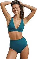 Conjunto de biquíni feminino, duas peças, controle de barriga, gola V, roupa de banho de cintura alta