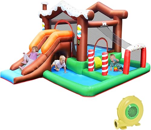 BOUNTECH Tobogán acuático inflable, 6 en 1 gigante parque acuático combo de casa de rebote para diversión al aire libre con soplador GFCI 735W,