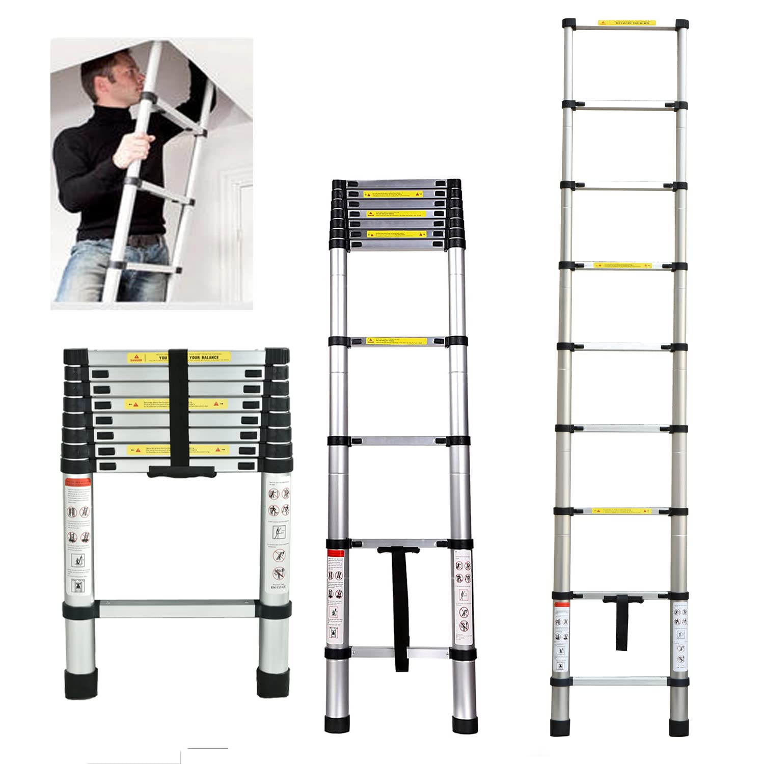 2,6m Escalera Extensión Aluminio Escalera Plegable, Máxima Carga 150kg con Certificado EN131, Peso 7,3kg
