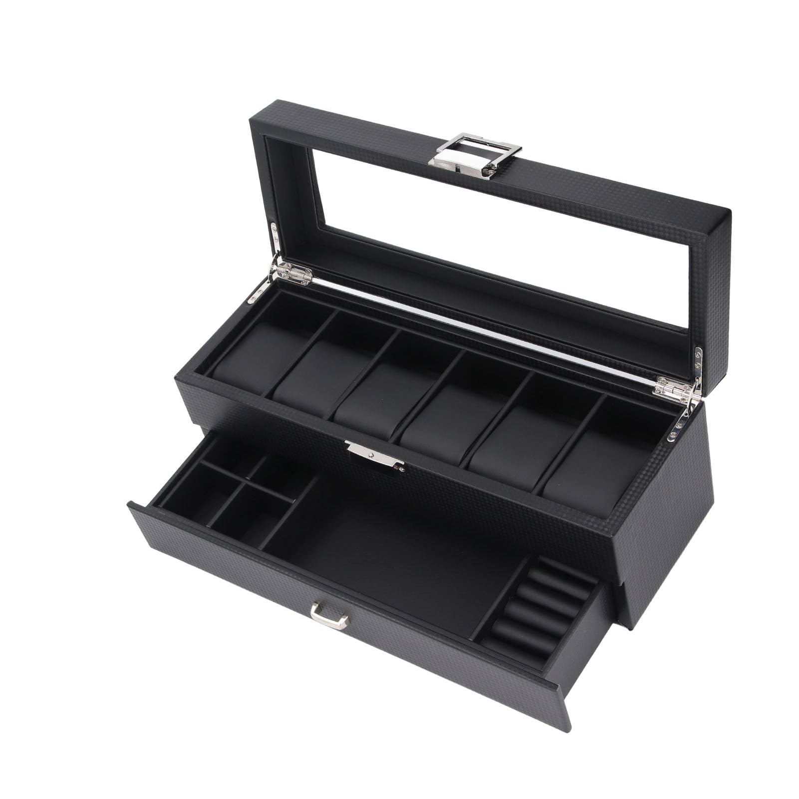 Vitrina de Reloj de 6 Ranuras con Cajón y Tapa de Vidrio Templado para Almacenamiento Organizado de Accesorios, Elegante Acabado de Cuero PU, Perfecto para el Hogar o Regalo