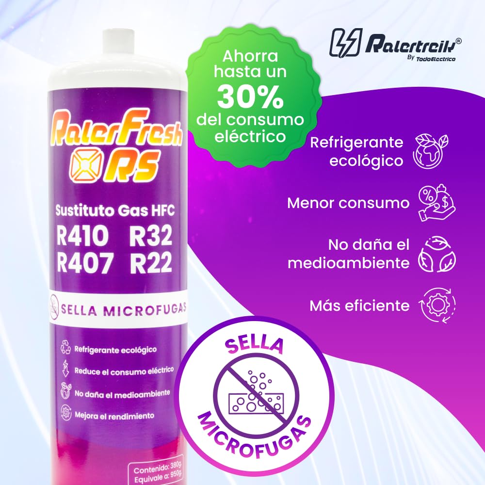 Ralerfresh RS - Gas refrigerante organico per climatizzatore split, equivalente a 950 g, sostitutivo dei gas R410, R32, R407 e R22 (bottiglia + chiave)