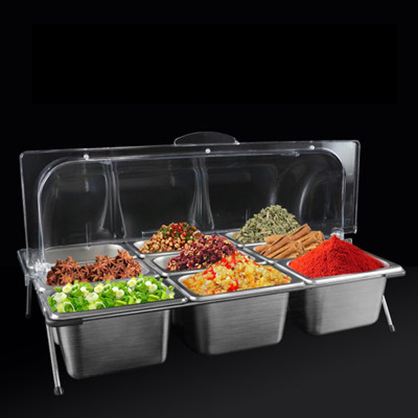 WDSOPK 9 Pan Stainless Steel Food Serving Container with Clear Lid Countertop for Spices & Sauces Buffet Display Rack Pantry Storage for Jam & Condiments