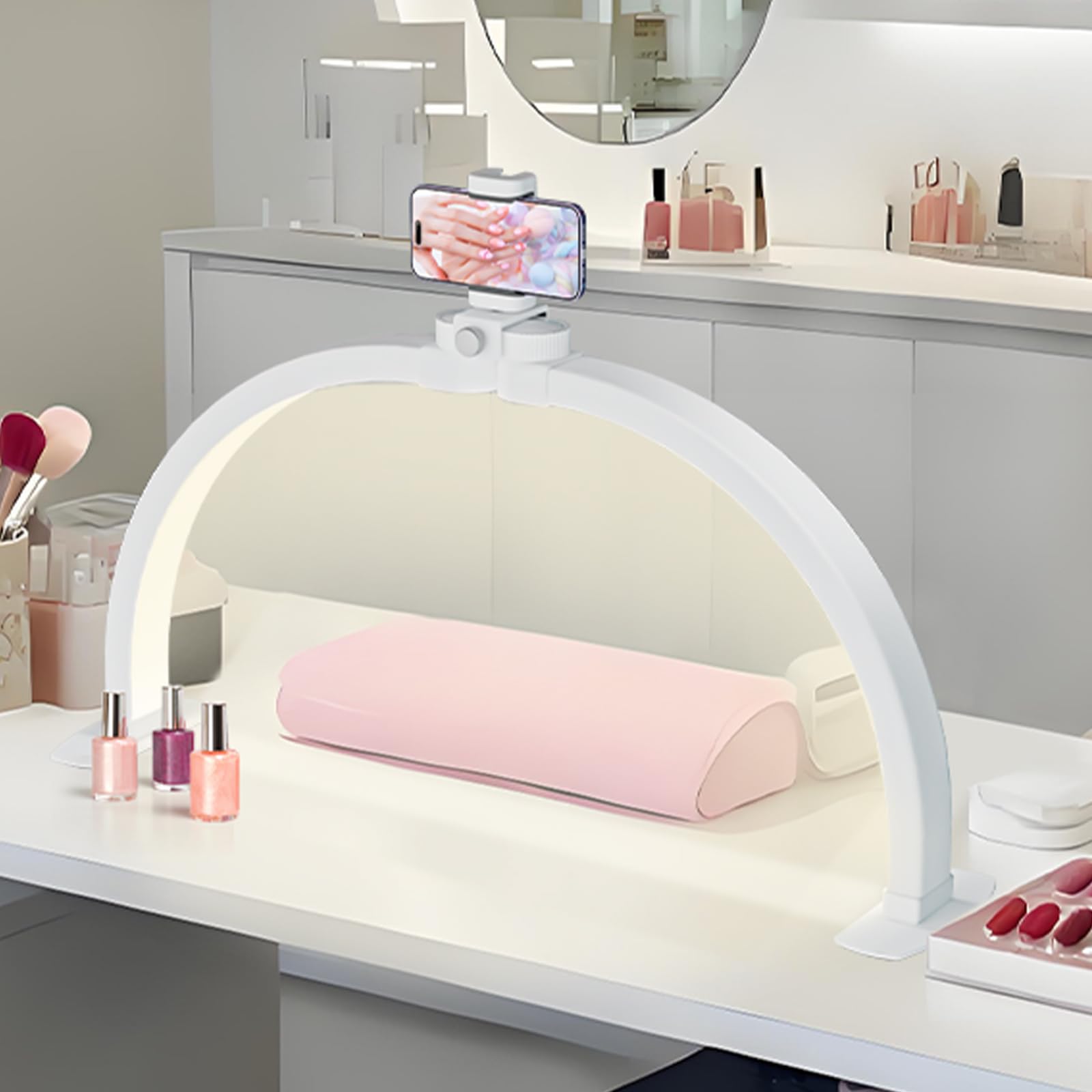 MYSWEETY Foldable Half Moon Nail Desk Lamp, 23 Inch Lash Tech Light with Phone Holder, Estheticians Table Lamp for Tattoo, Lash Eyelash Extension, Beauty