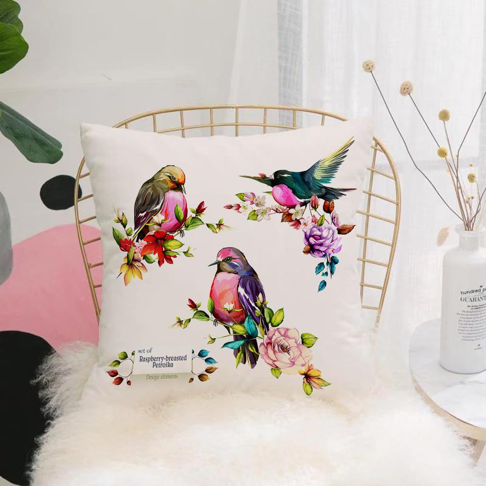 Hyosxw Raspberry Breasted Petroika On Branches With - A9 Cushion Cover,Throw Pillow Case Home Decorative For Living Room Bedroom Sofa Chair 18X18 Inch,Raspberry Breasted Petroika On Branches With Leaves. Set Of Three Birds. Hand D,Pillowcase 45X45cm
