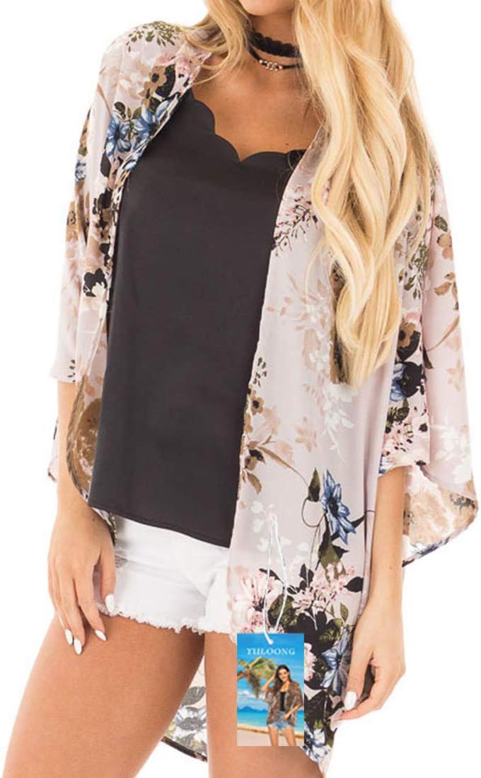 Womens Cover Ups Chiffon Floral Print Kimono Loose Shawl Cardigan Boho Summer Casual Blouse Top Sexy Beach Swimwear Capes