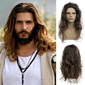 Long Curly Wavy Brown Wigs for Men Synthetic Natural Party Halloween Cosplay Hair Wig