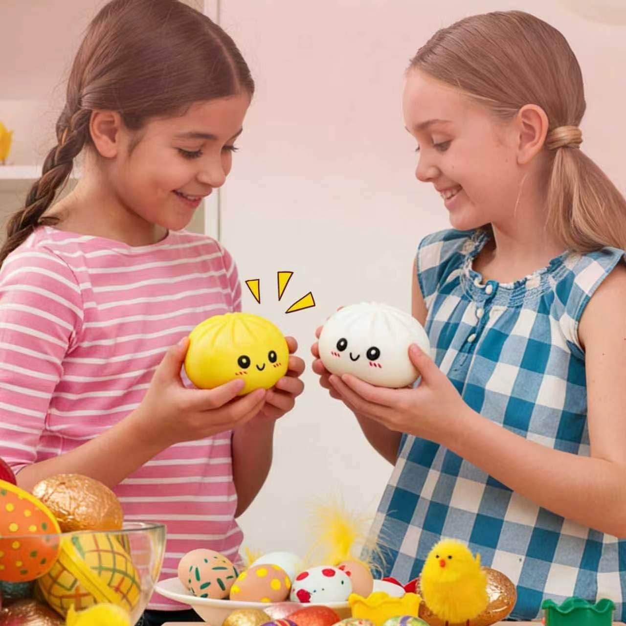 2Pack Dumpling Squishies Toy with Steamer,Colorful Slow Rising Stress Ball,Stretchy Fidget Sensory Toy for Anxiety Relief,Perfect Easter Basket Stuffers for Kids and Adults(White + Yellow)