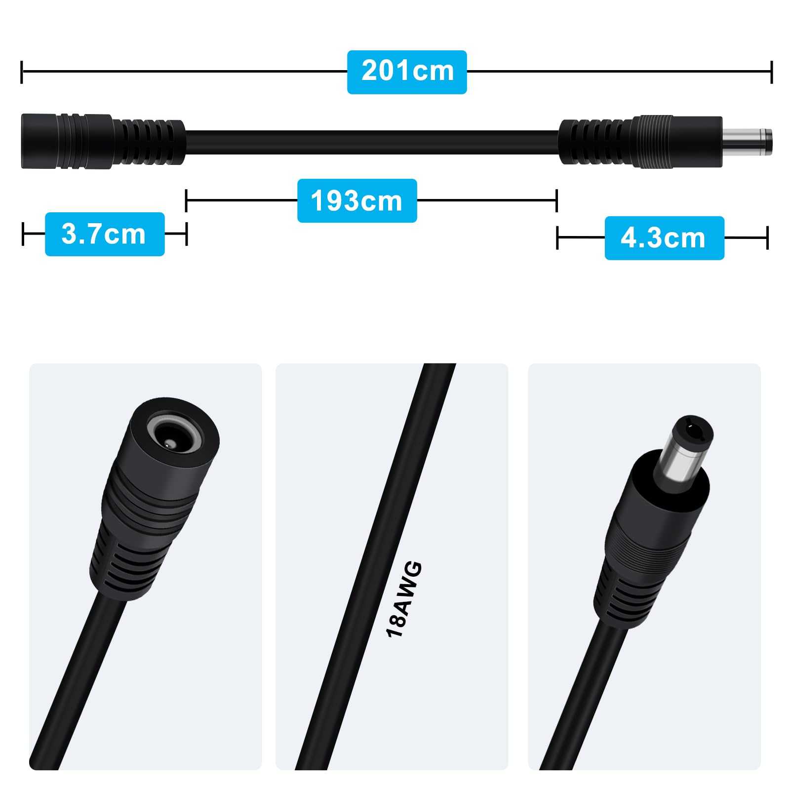 Przedłużacz zasilania DC 5,5 mm x 2,1 mm 18AWG kabel DC męski na żeński 5 V 6 V 9 V 12 V 24 V 3 A do kamer bezpieczeństwa, DVR, routera, drukarki, taśmy LED (Czarny, 2 m)