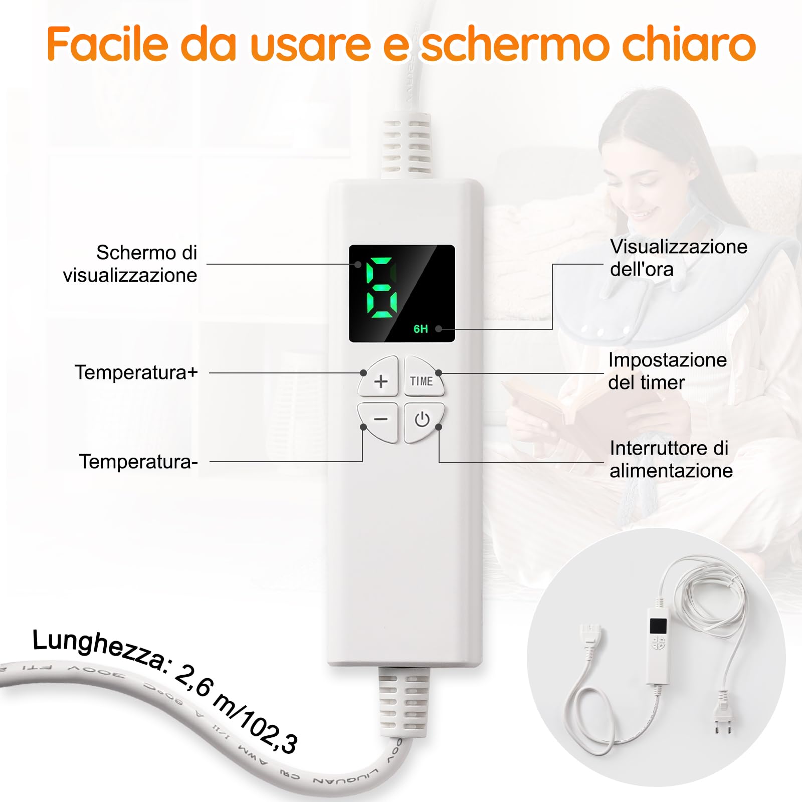 Termoforo Elettrico Cervicalee Spalle, Schiena,Cuscino Elettrico Riscaldante 61x94cm Con timer di 4 ore e 6 Livelli di Riscaldamento Spegnimento Automatico,Lavabile Termoforo Lombare Ricaricabile Blu