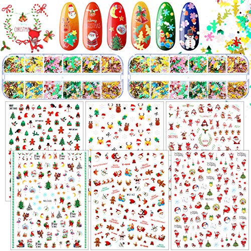 1000 Pieces Christmas Nail Art Sticker and 24 Grids Christmas Nail Sequin, Snowflake Snowmen Reindeer Nail Decal and 3D Snowflake Nail Glitter Sequin for Women Girls Christmas Nail Art