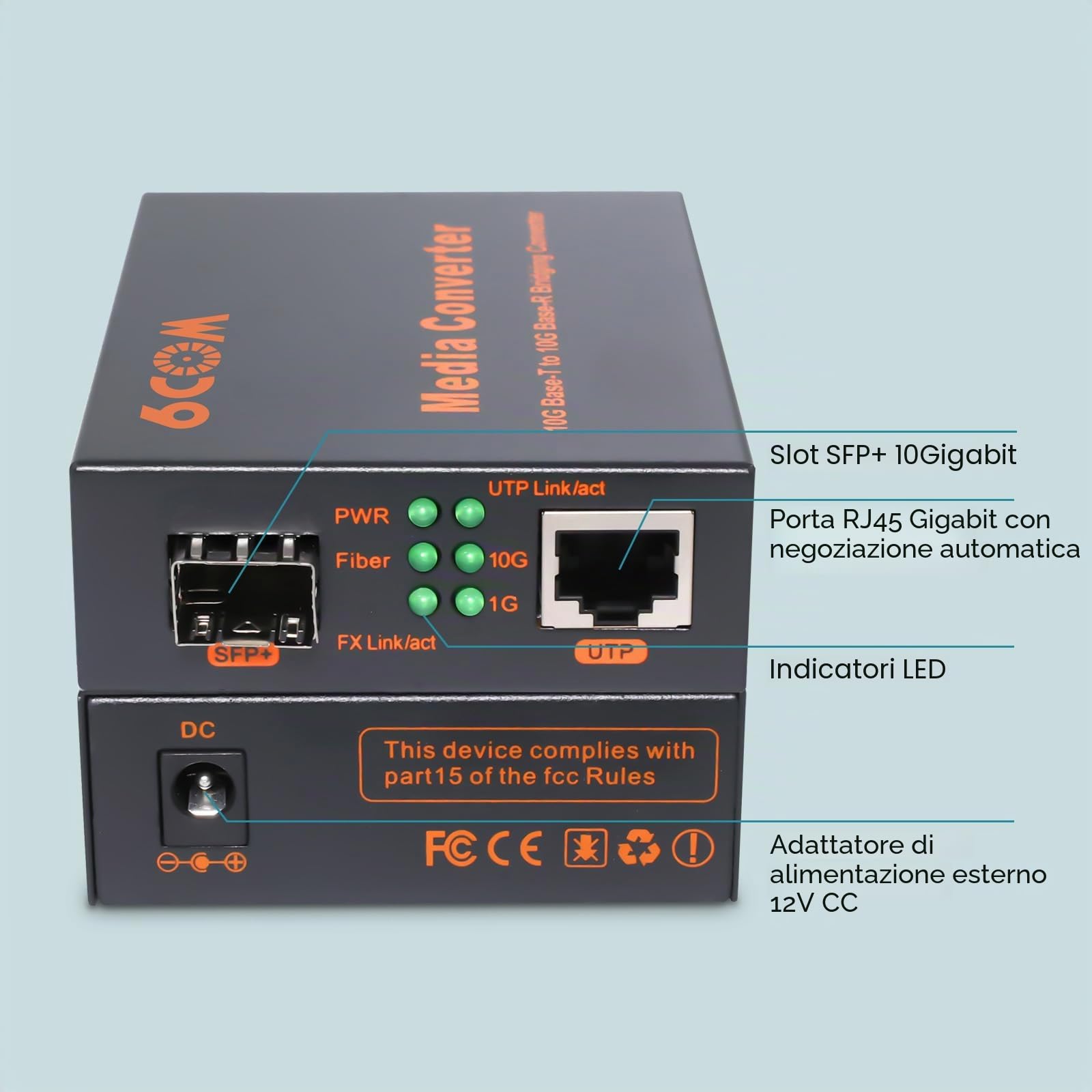 6COM GIGA - Convertitore multimediale in fibra da 10G SFP a RJ45, 1 slot RJ45 per negoziazione automatica da 1000 M/2,5 G/5G/10GBase-T a 1 slot SFP+ 10GBase-X, supporto ricetrasmettitore 10GBase-SR/LR