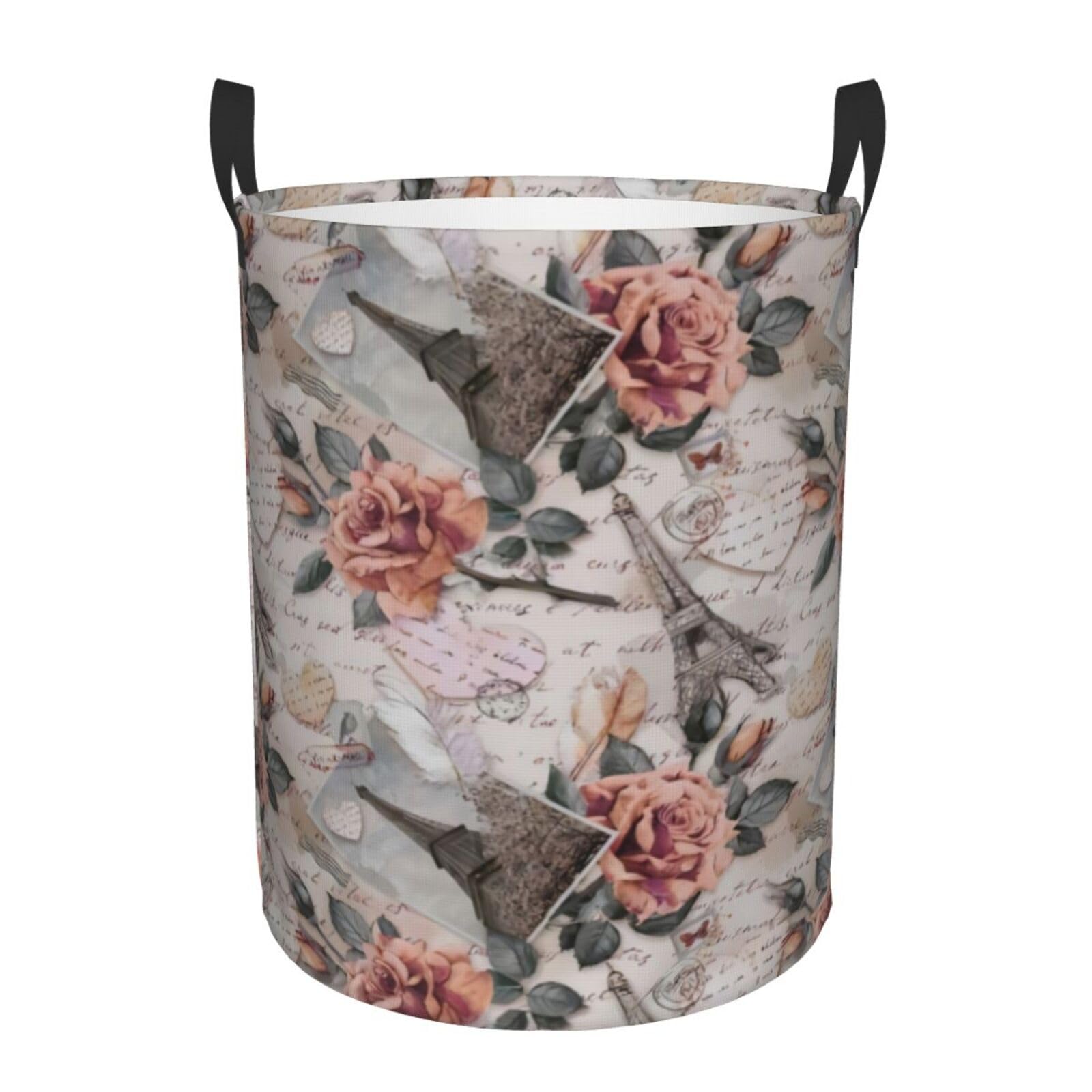 M Circular Hamper – Collapsible Flower Paris Eiffel Tower Print Laundry Basket
