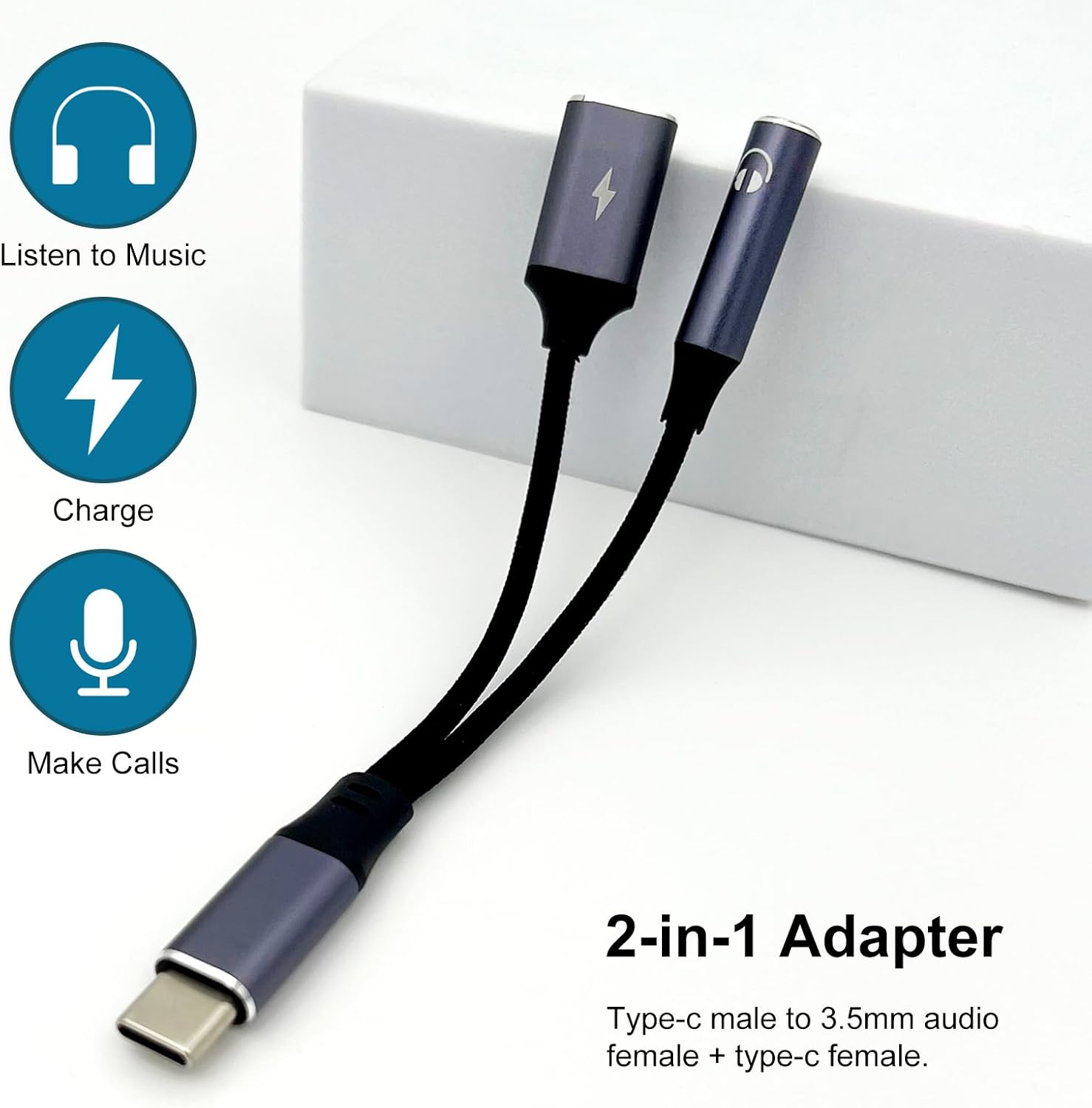 2-in-1 USB-C to 3.5mm Audio and PD Charging Adapter – Fast Charge & Headphone Jack Dongle Cable for USB Type-C Devices (2 Ports)